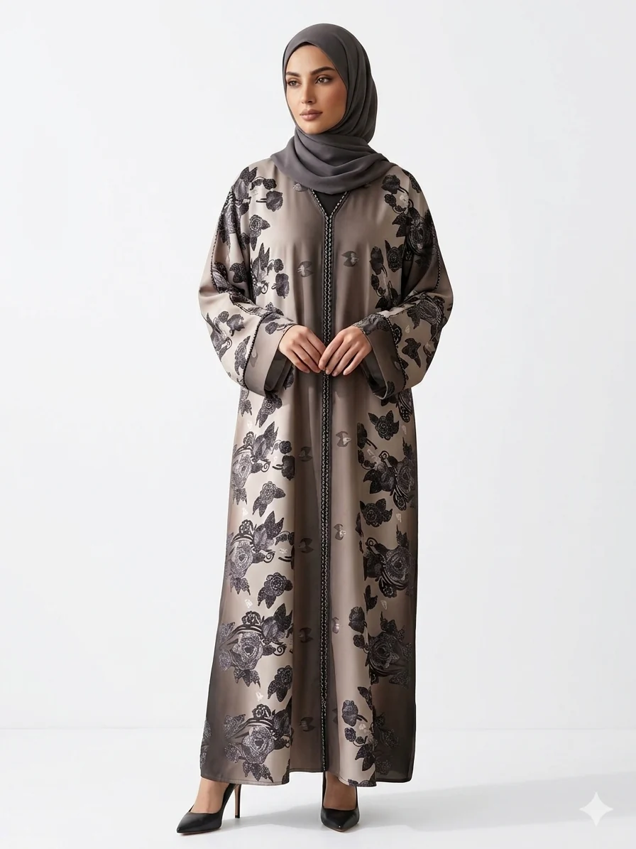 Army Green Closed Abaya – Ombre Rose Print with Silver Beaded Thread