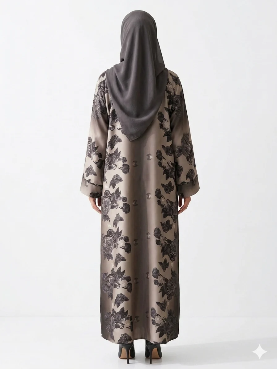 Army Green Closed Abaya – Ombre Rose Print with Silver Beaded Thread - Image 2