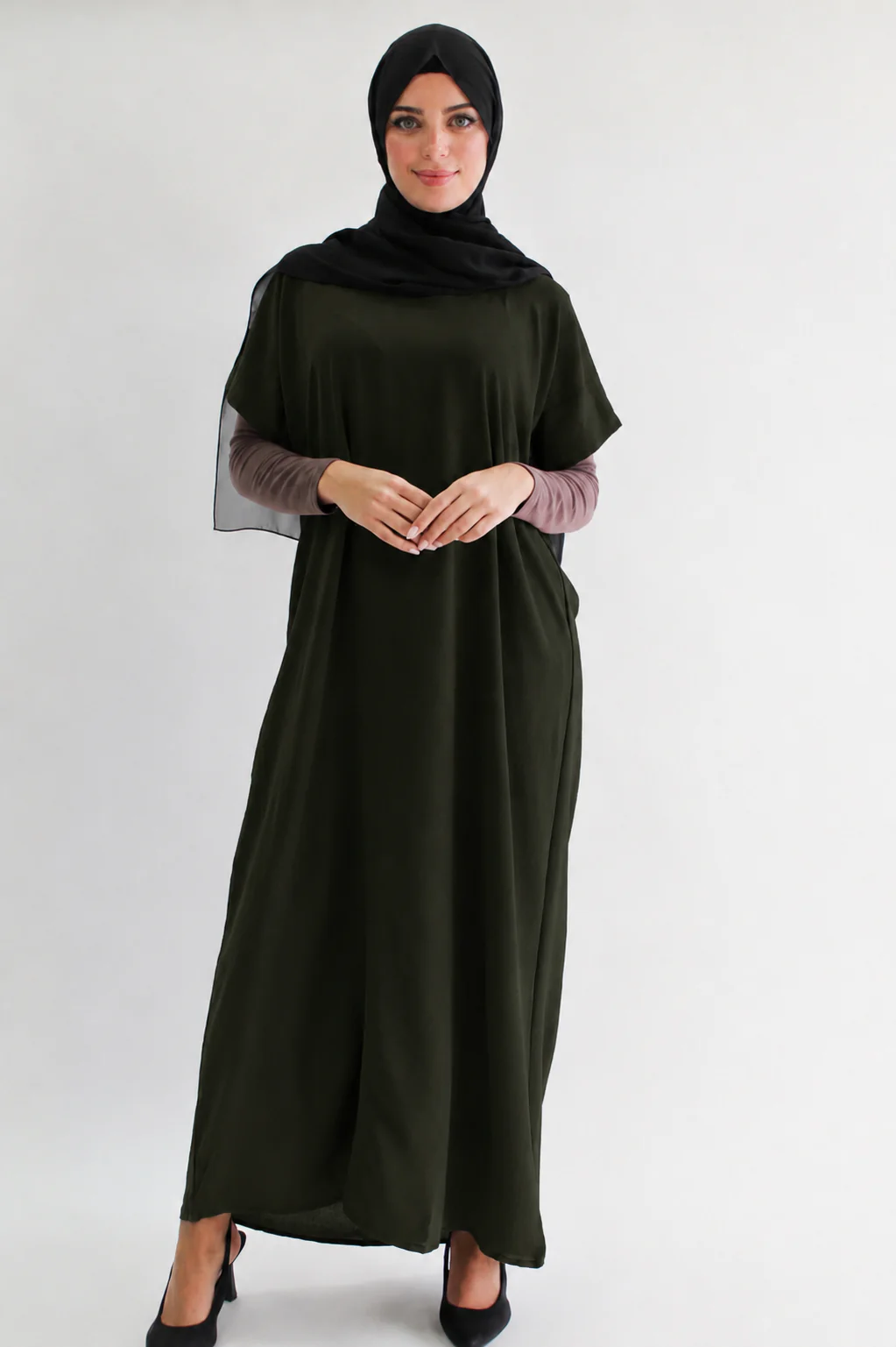 Dark Army Green Crushed Polyester Short Sleeved Dress