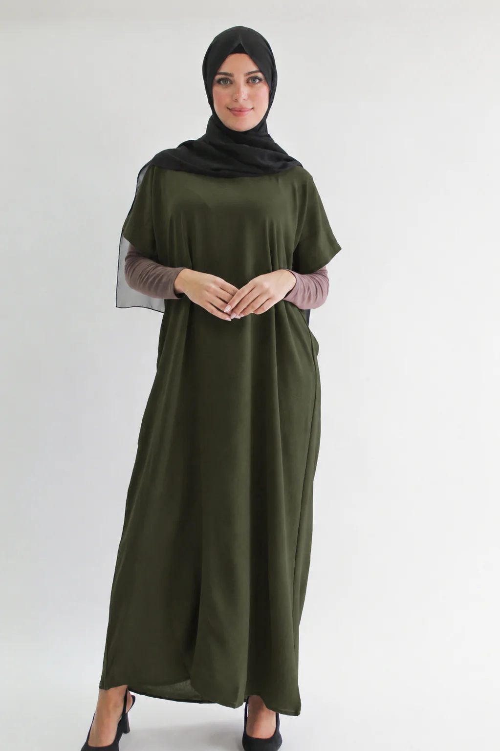 Army Green Crushed Polyester Short Sleeved Dress