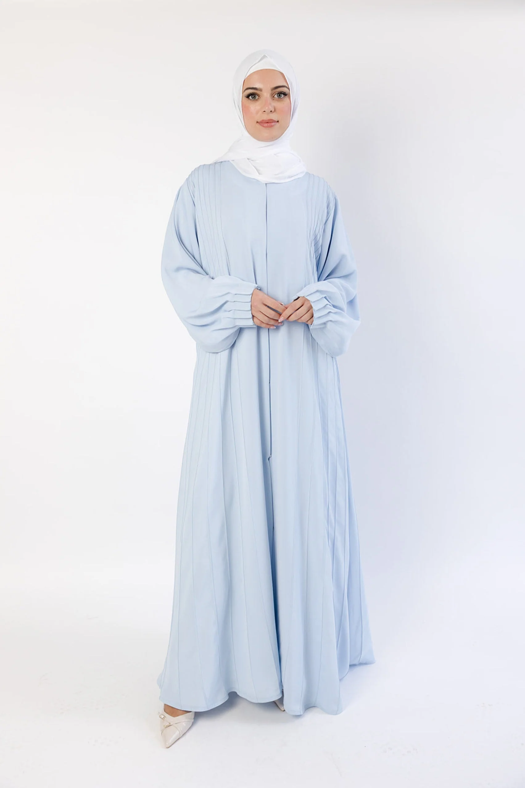 Baby Blue Open Abaya – Luxury Striped Design