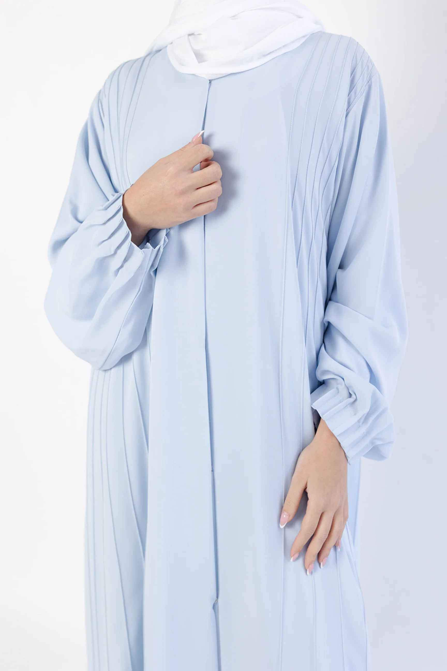 Baby Blue Open Abaya – Luxury Striped Design - Image 2