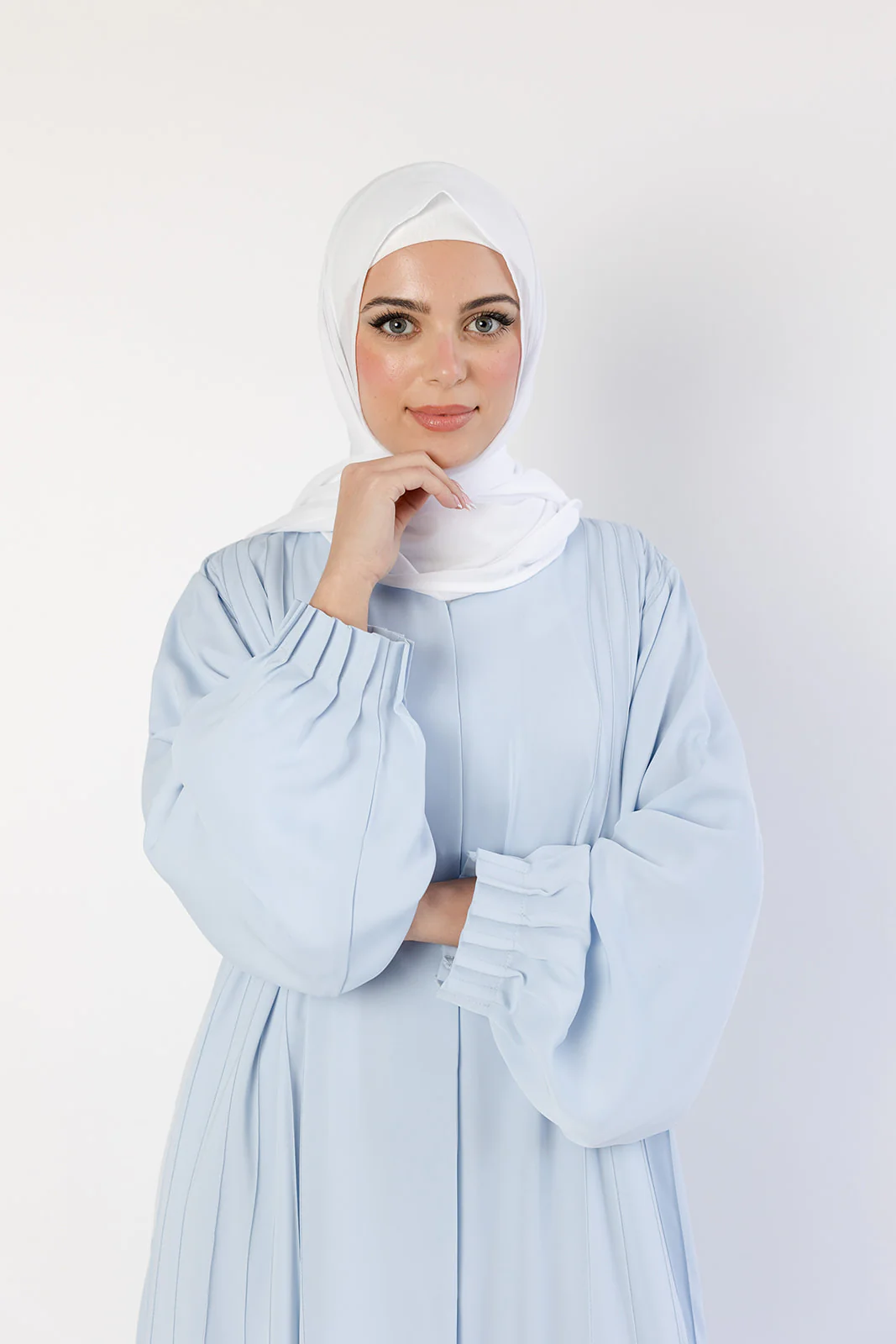Baby Blue Open Abaya – Luxury Striped Design - Image 4