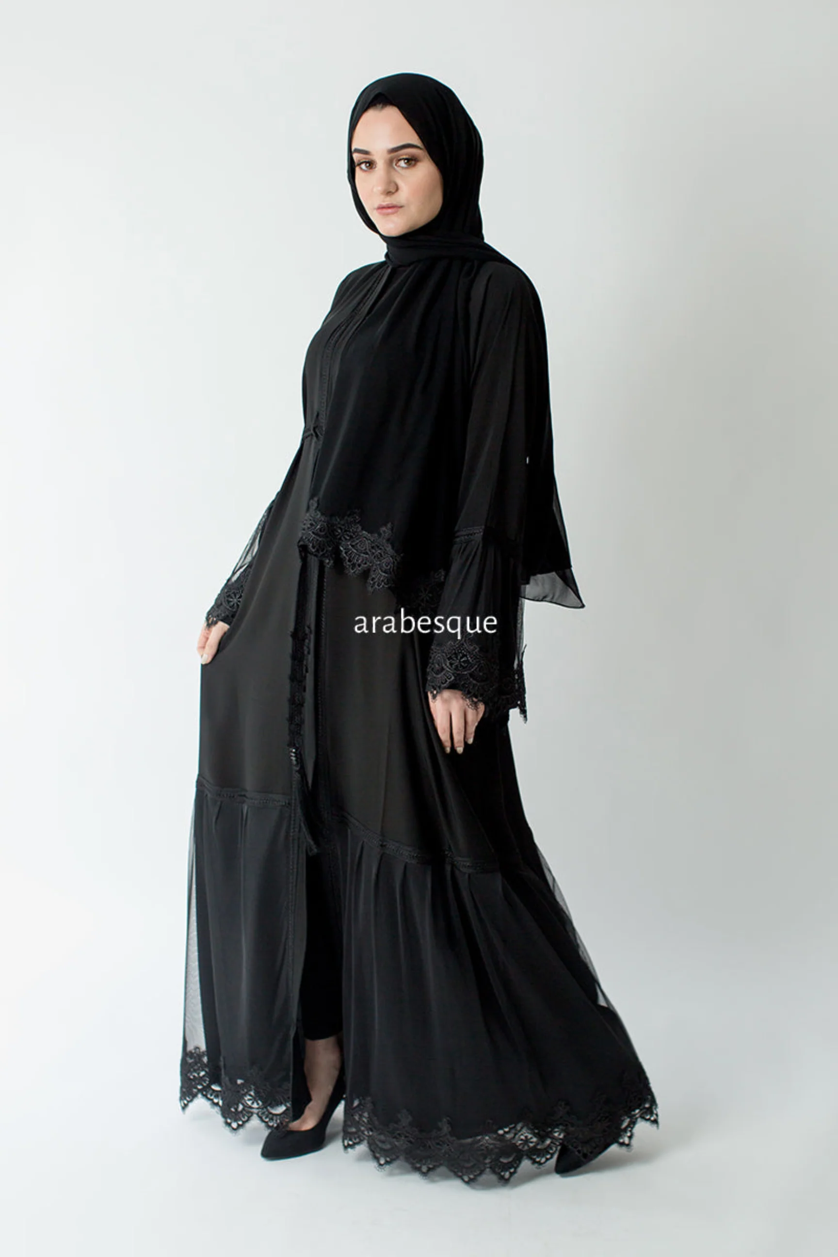 Black Open Abaya – Lace and Net Panel Detailing