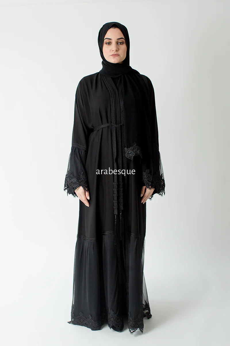 Black Open Abaya – Lace and Net Panel Detailing - Image 3