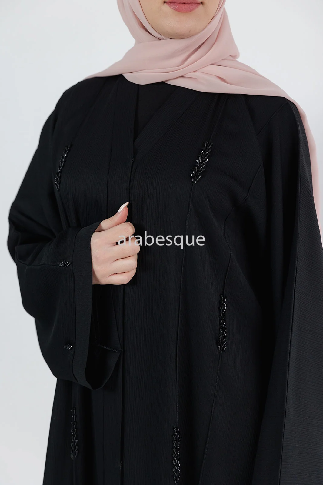 Black Open Abaya - Beaded Textured Design - Image 4