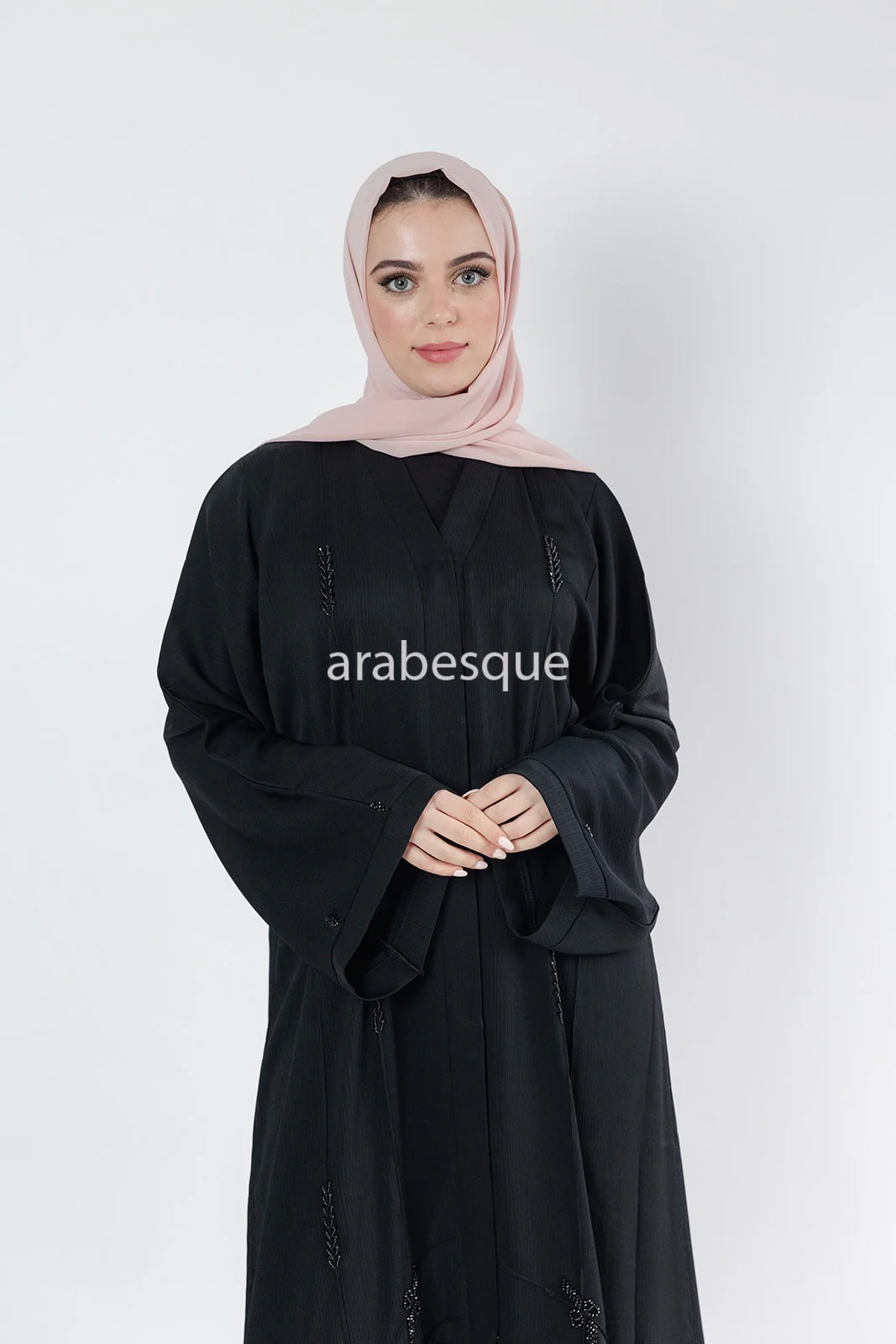 Black Open Abaya - Beaded Textured Design - Image 5