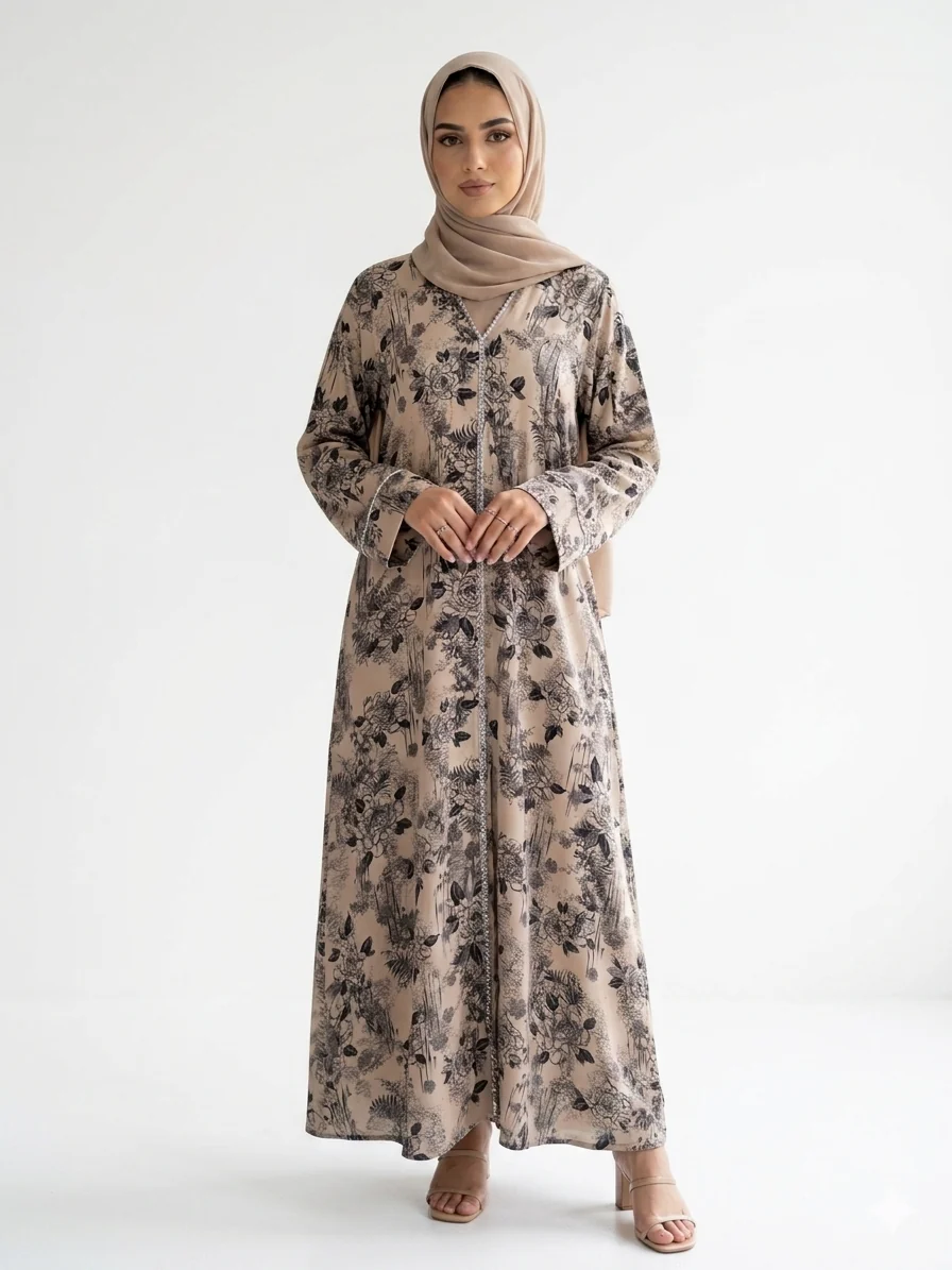 Beige Closed Abaya – Vintage Floral Print With Beaded Thread