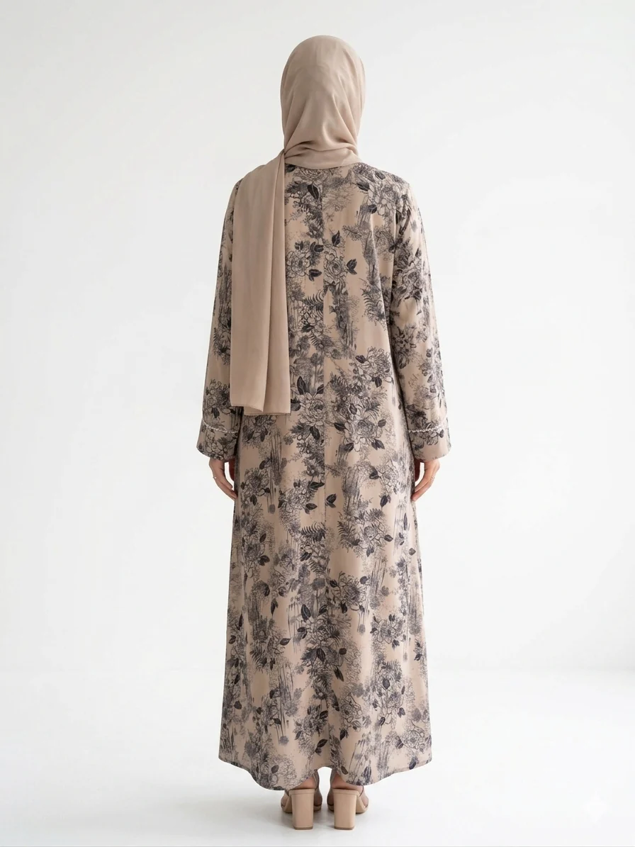 Beige Closed Abaya – Vintage Floral Print With Beaded Thread - Image 2