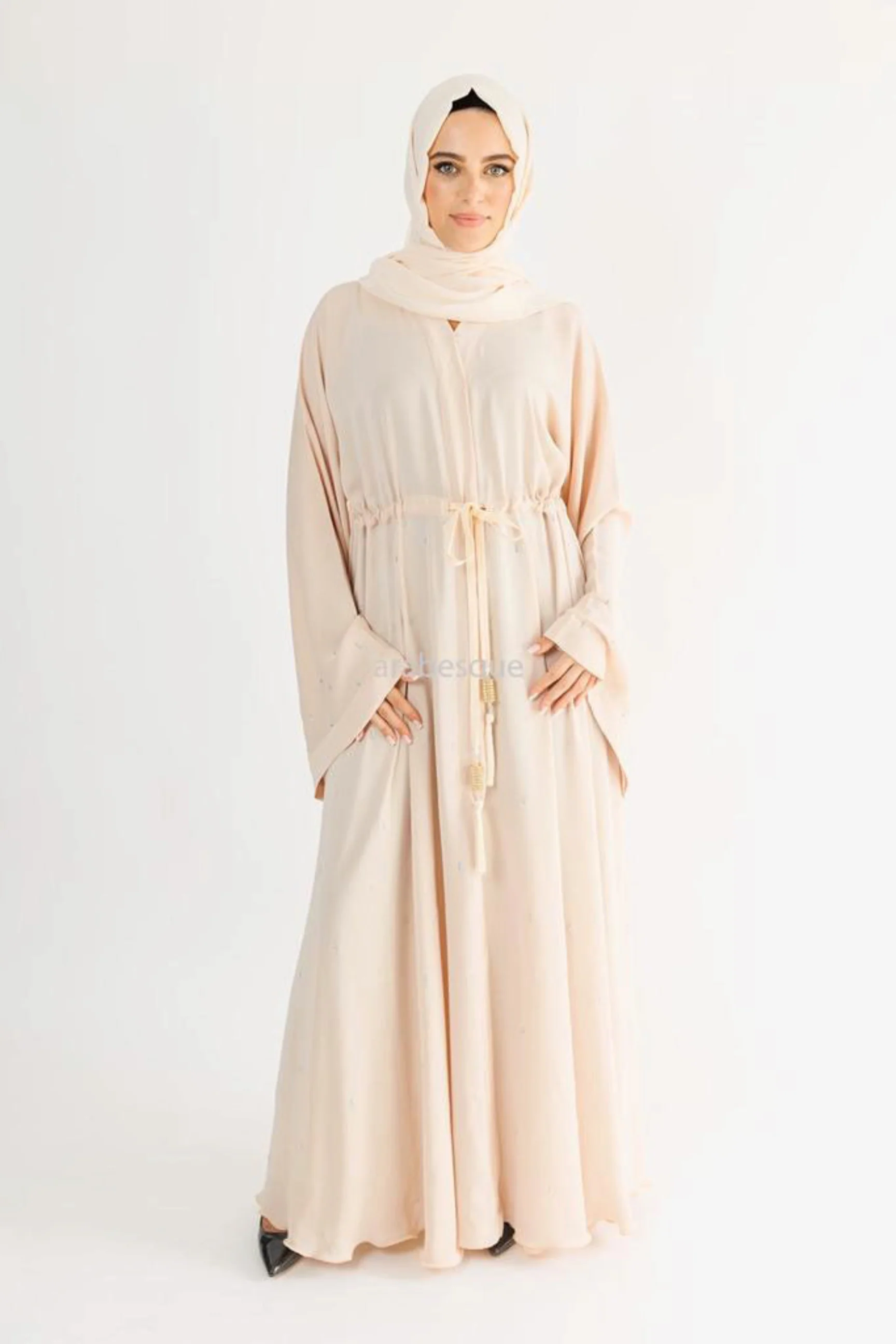 Beige Open Umbrella Abaya – Luxury Diamante Detailing with Inner Belt