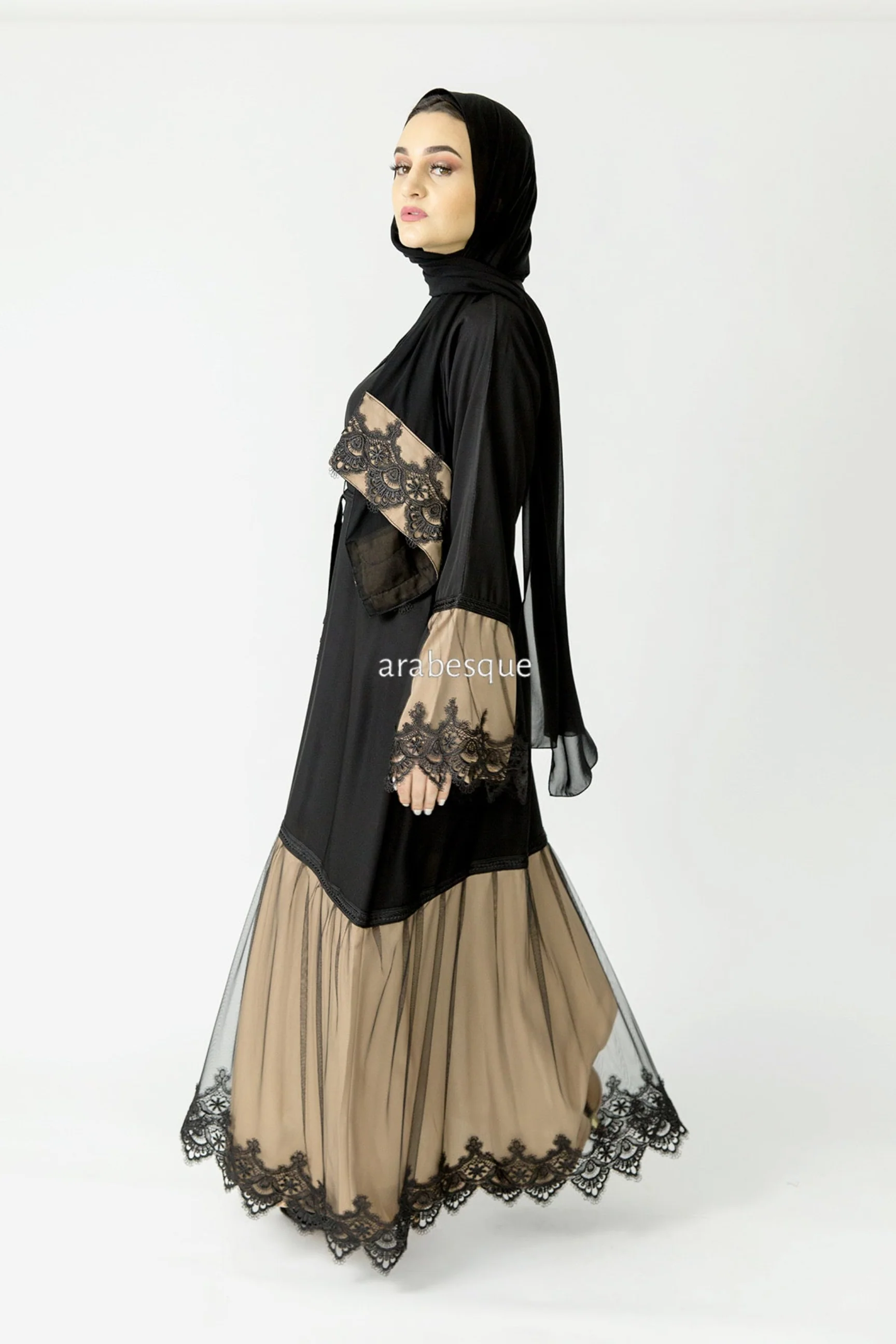 Black & Beige Open Abaya – Lace and Net Panel Detailing
