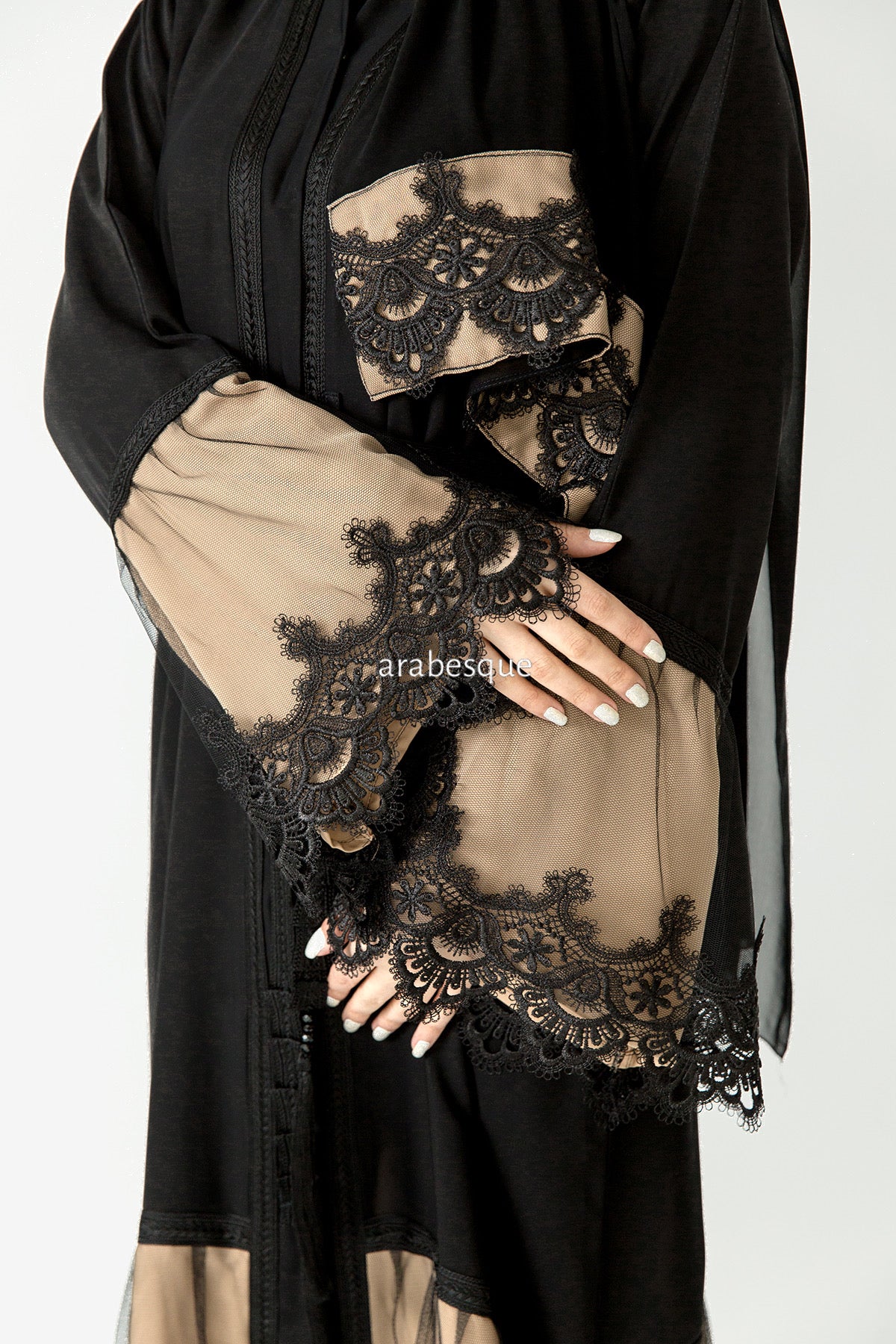 Black & Beige Open Abaya – Lace and Net Panel Detailing - Image 3