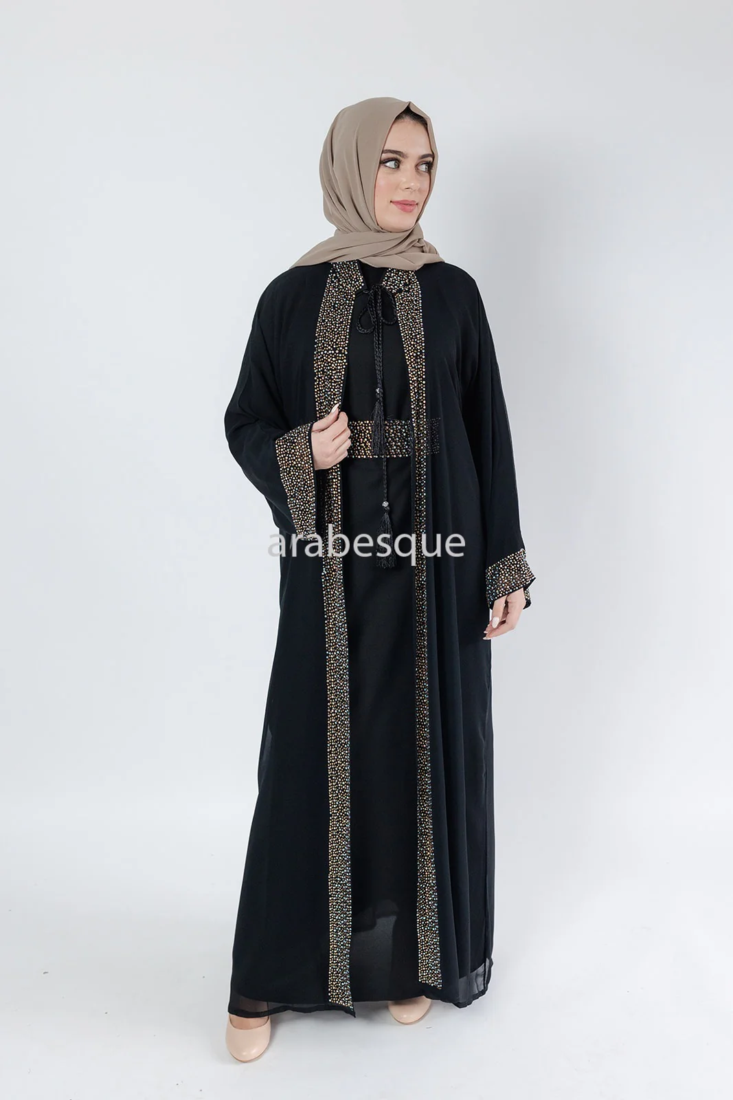 Black Luxury Abaya Set – Gold Diamante Detailing with Belt, Slip and Chiffon Overlay