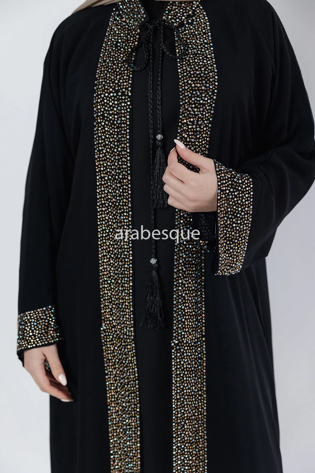Black Luxury Abaya Set – Gold Diamante Detailing with Belt, Slip and Chiffon Overlay - Image 2