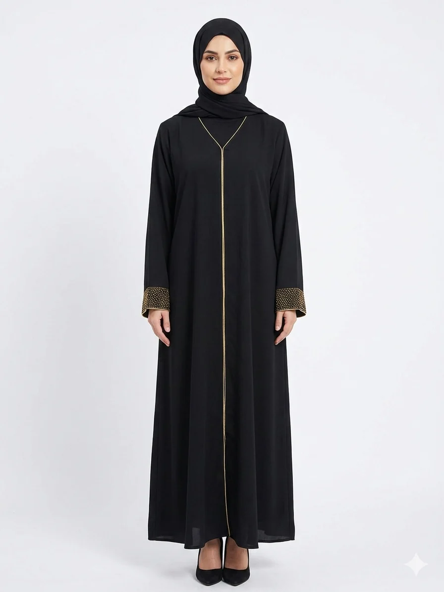 Black Open Abaya with Gold Trim & Diamante Sleeves