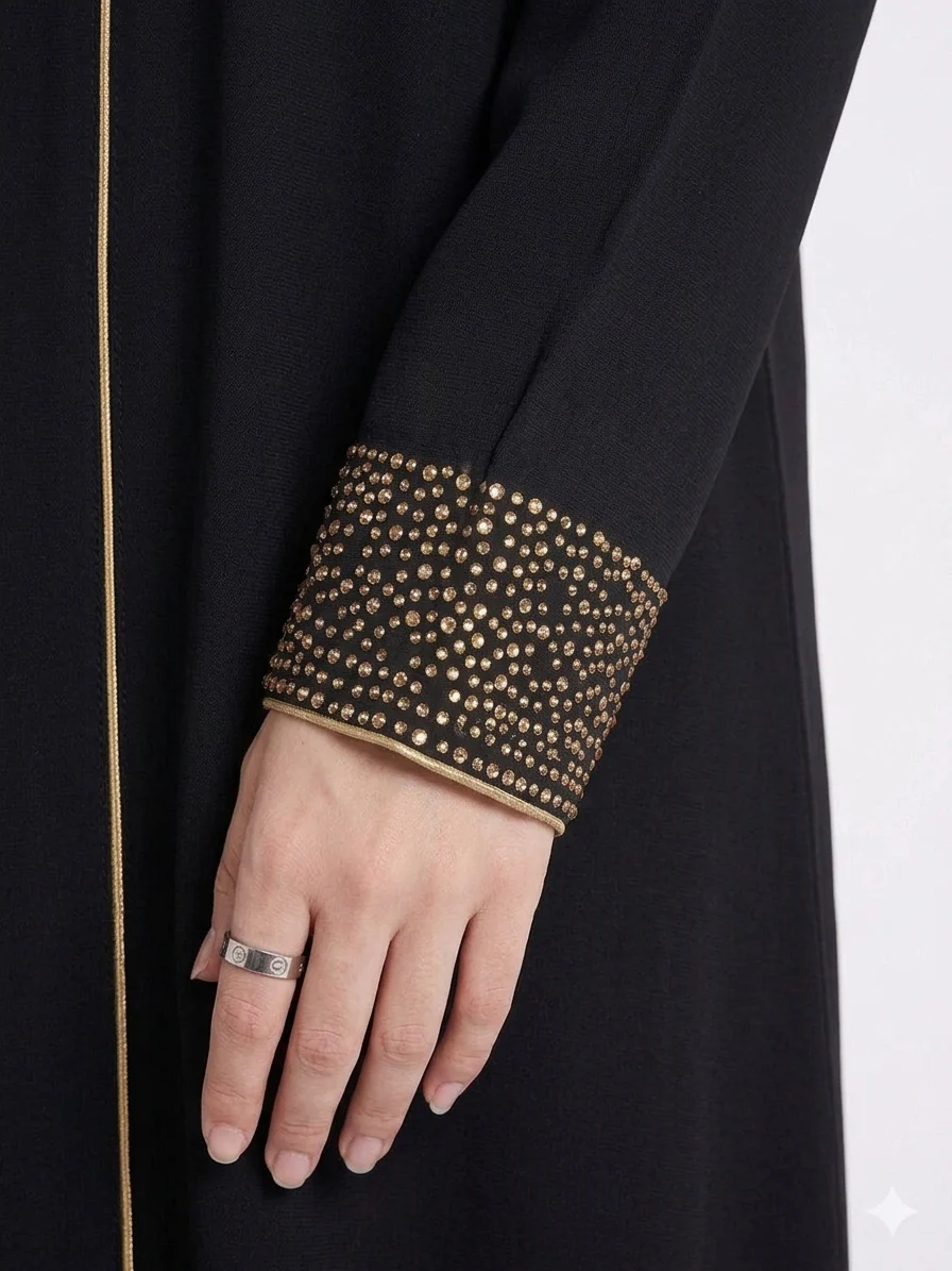 Black Open Abaya with Gold Trim & Diamante Sleeves - Image 2