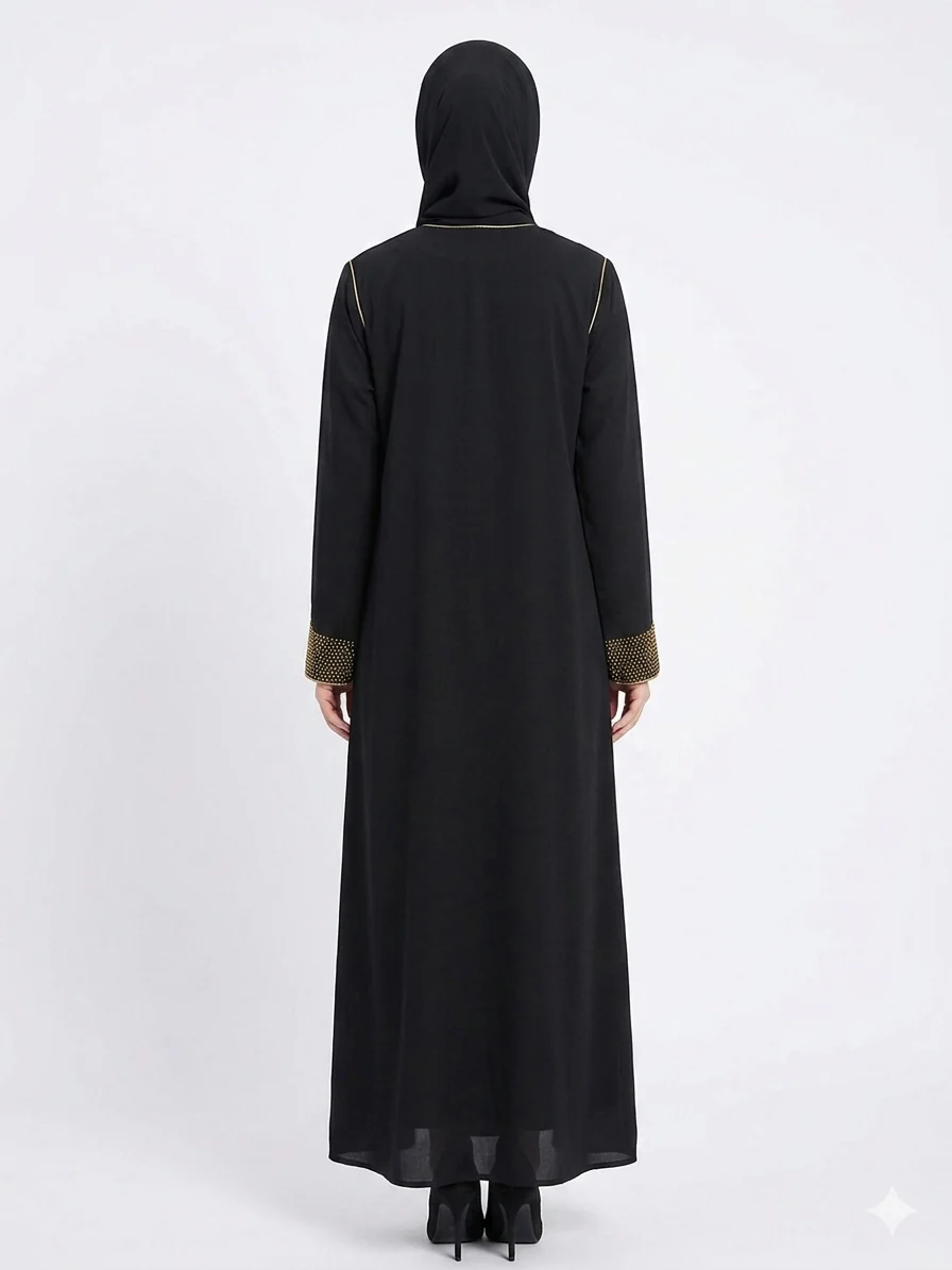 Black Open Abaya with Gold Trim & Diamante Sleeves - Image 3