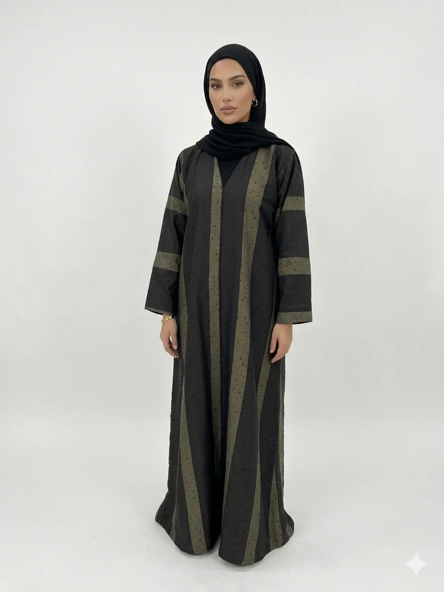 Black And Green Closed Striped Abaya - Leopard Pattern