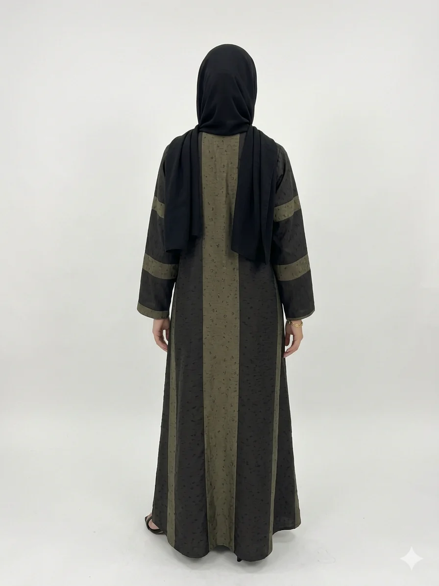 Black And Green Closed Striped Abaya - Leopard Pattern - Image 2
