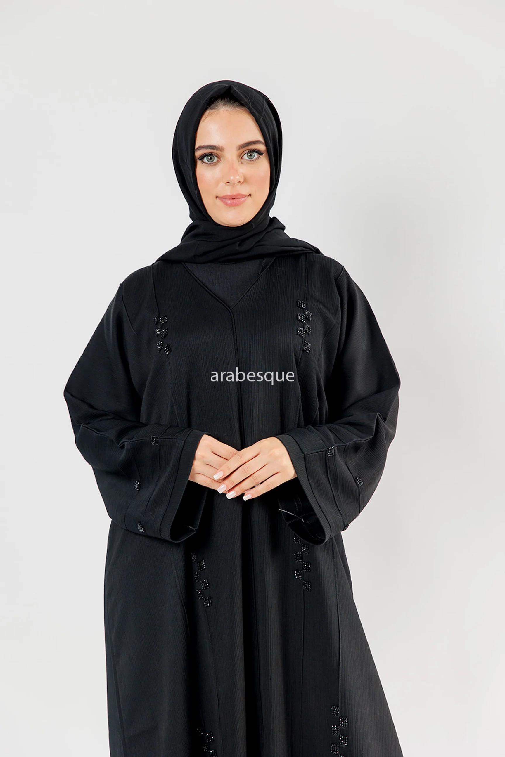 Black Closed Abaya – Style with Beaded Front - Image 2