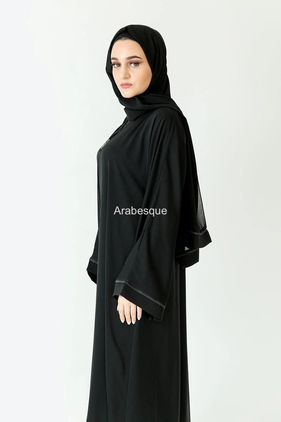 Premium Black Zip Abaya – Grey Line Border Design with Pocket and Matching Scarf - Image 3