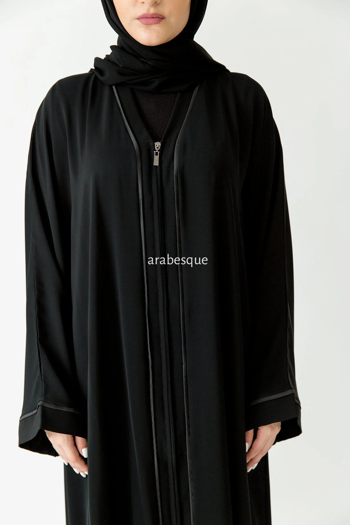 Premium Black Zip Abaya – Line Border Design with Pocket and Matching Scarf - Image 2