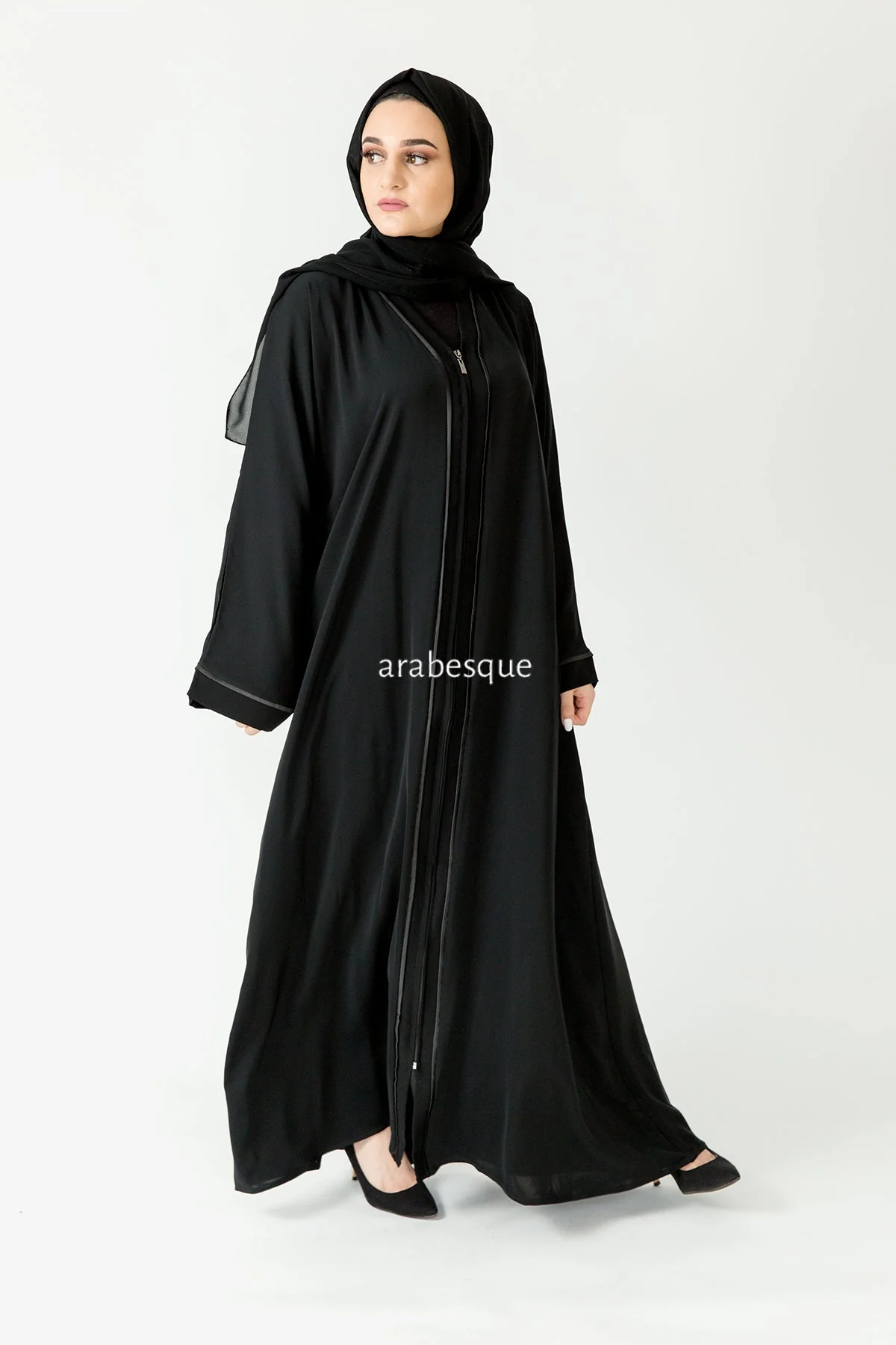 Premium Black Zip Abaya – Line Border Design with Pocket and Matching Scarf - Image 3