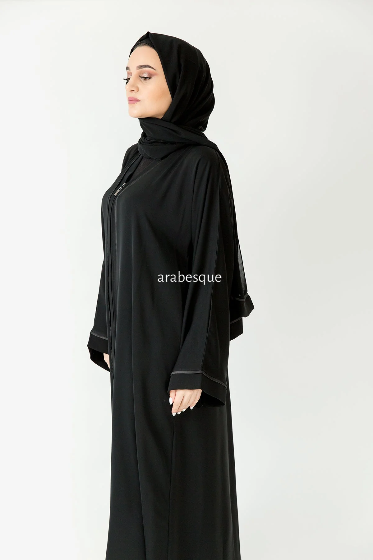 Premium Black Zip Abaya – Line Border Design with Pocket and Matching Scarf - Image 4