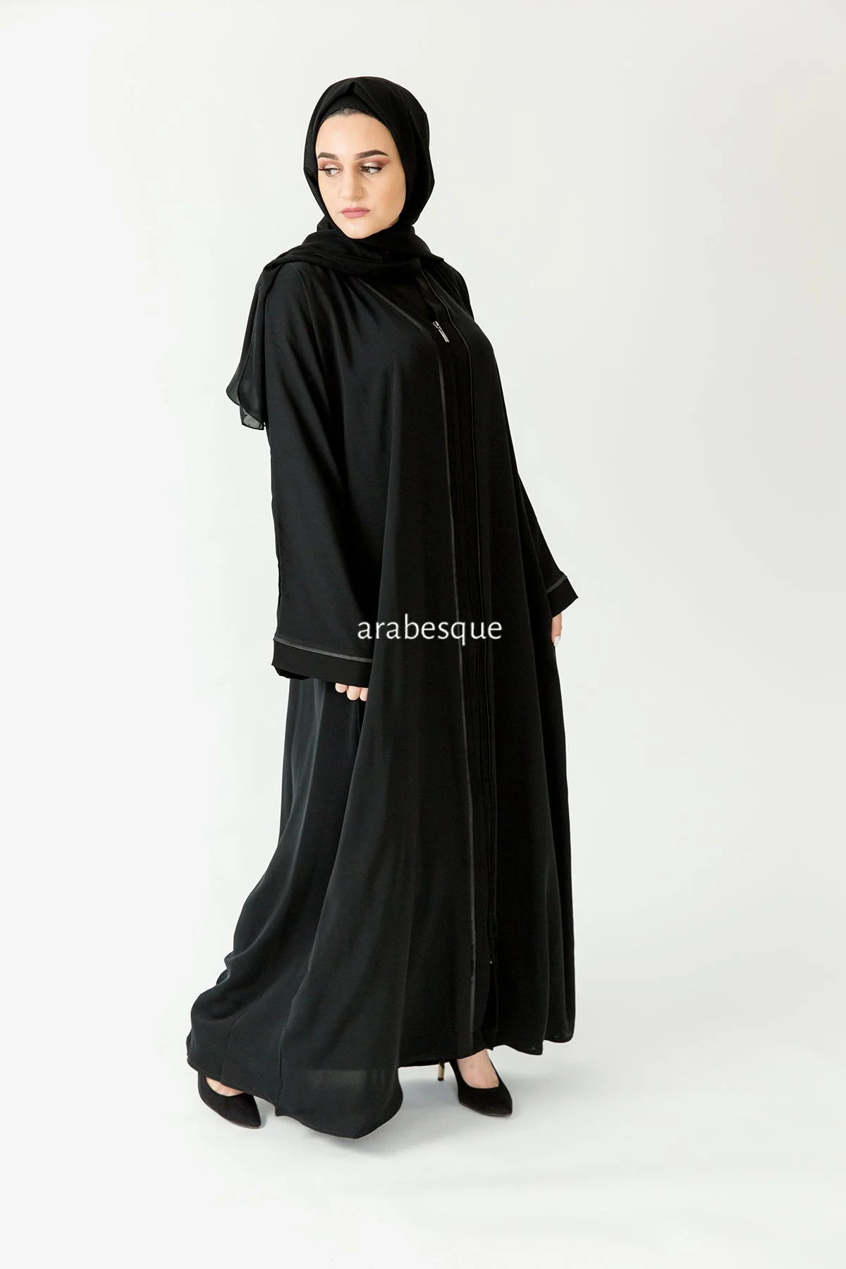 Premium Black Zip Abaya – Line Border Design with Pocket and Matching Scarf - Image 5