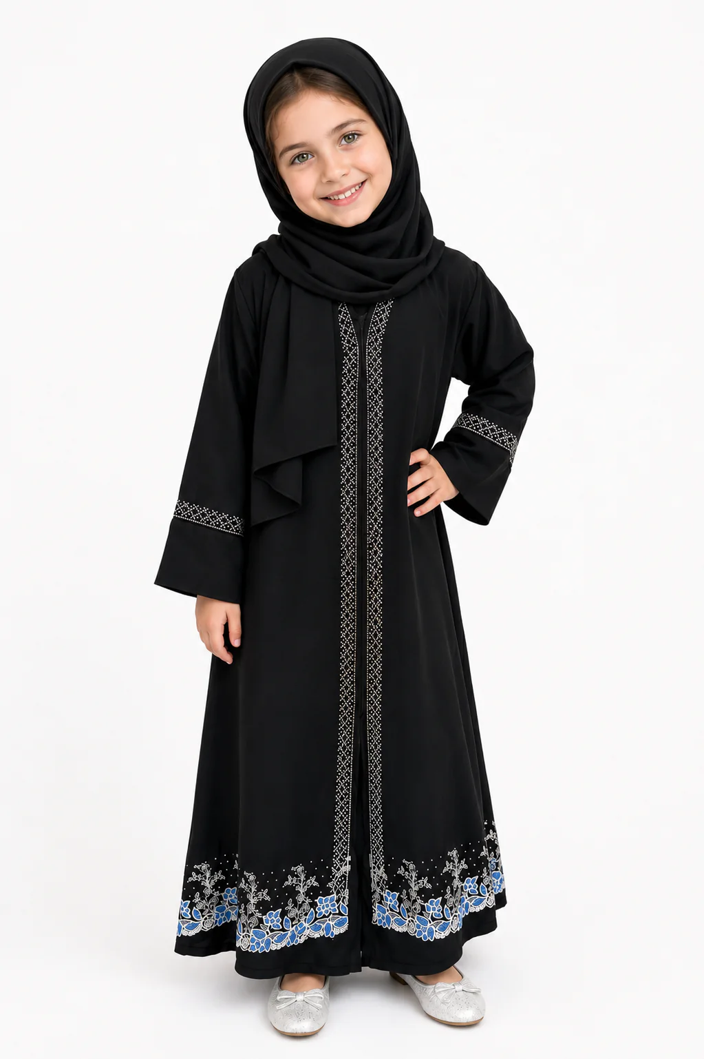 Black Children Closed Floral Chiffon Attached Inner Abaya