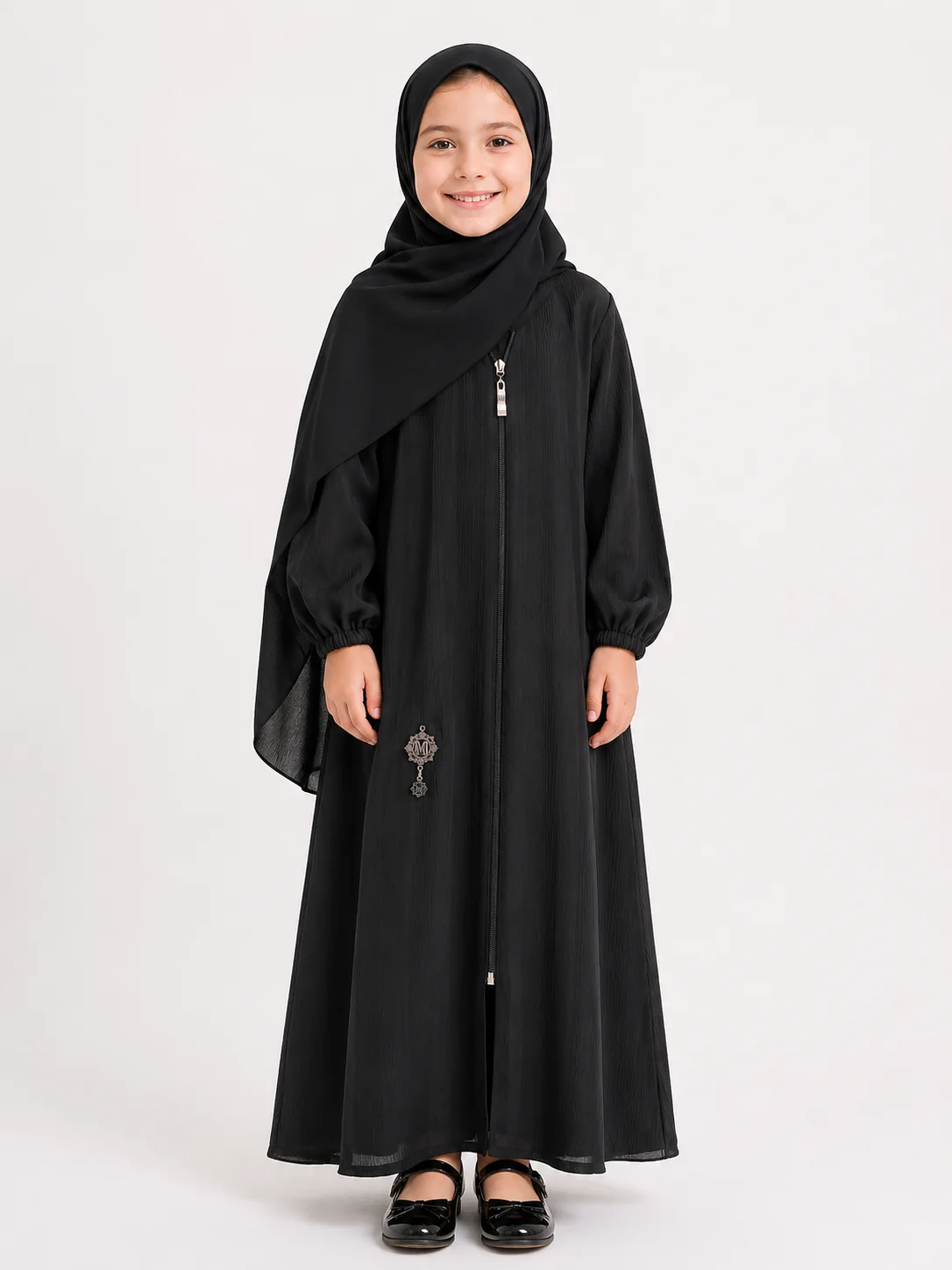 Black Children Textured zip abaya