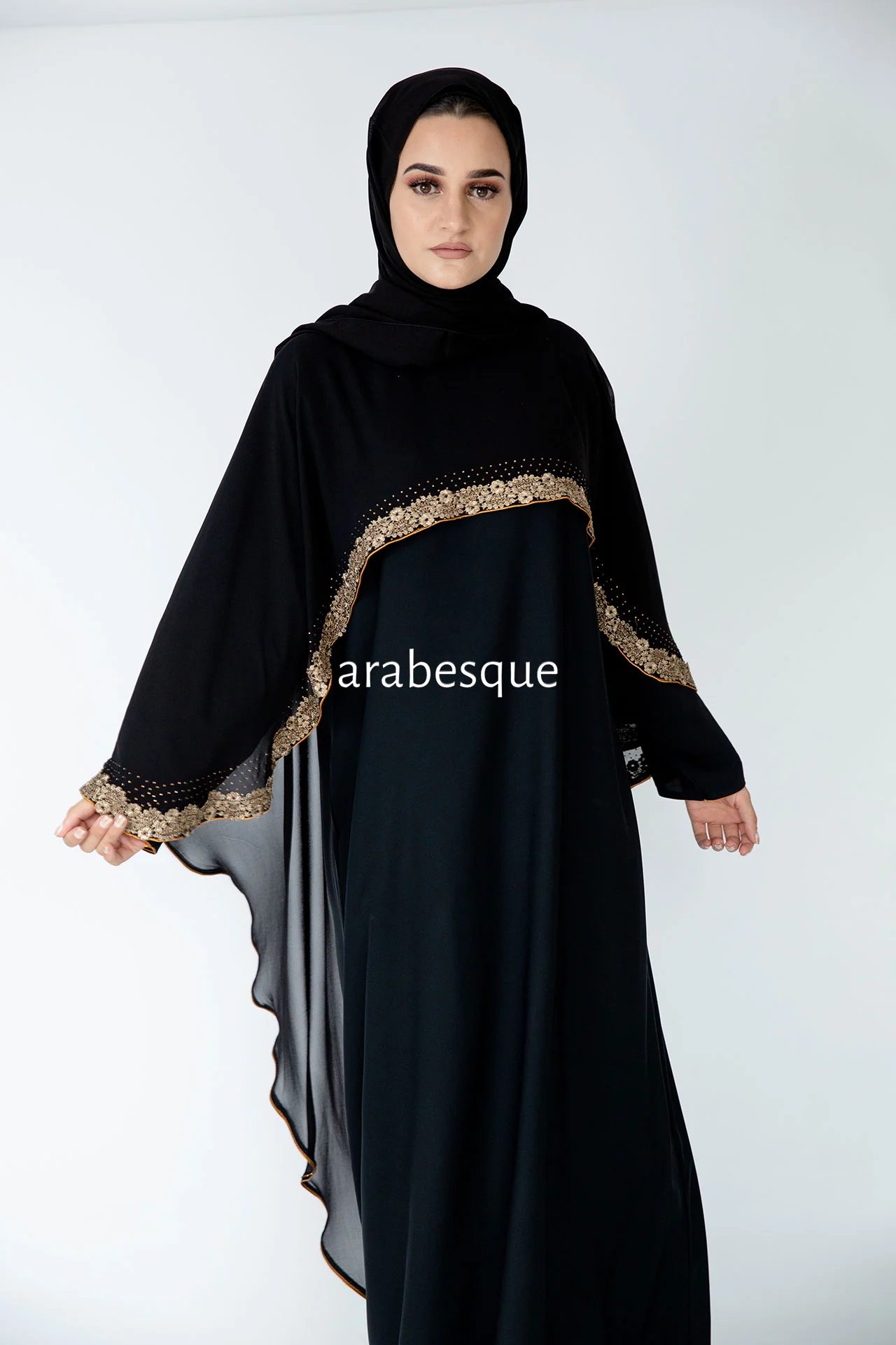 Black Closed Abaya – Chiffon Cape Design with Lace Embellished Detailing - Image 3