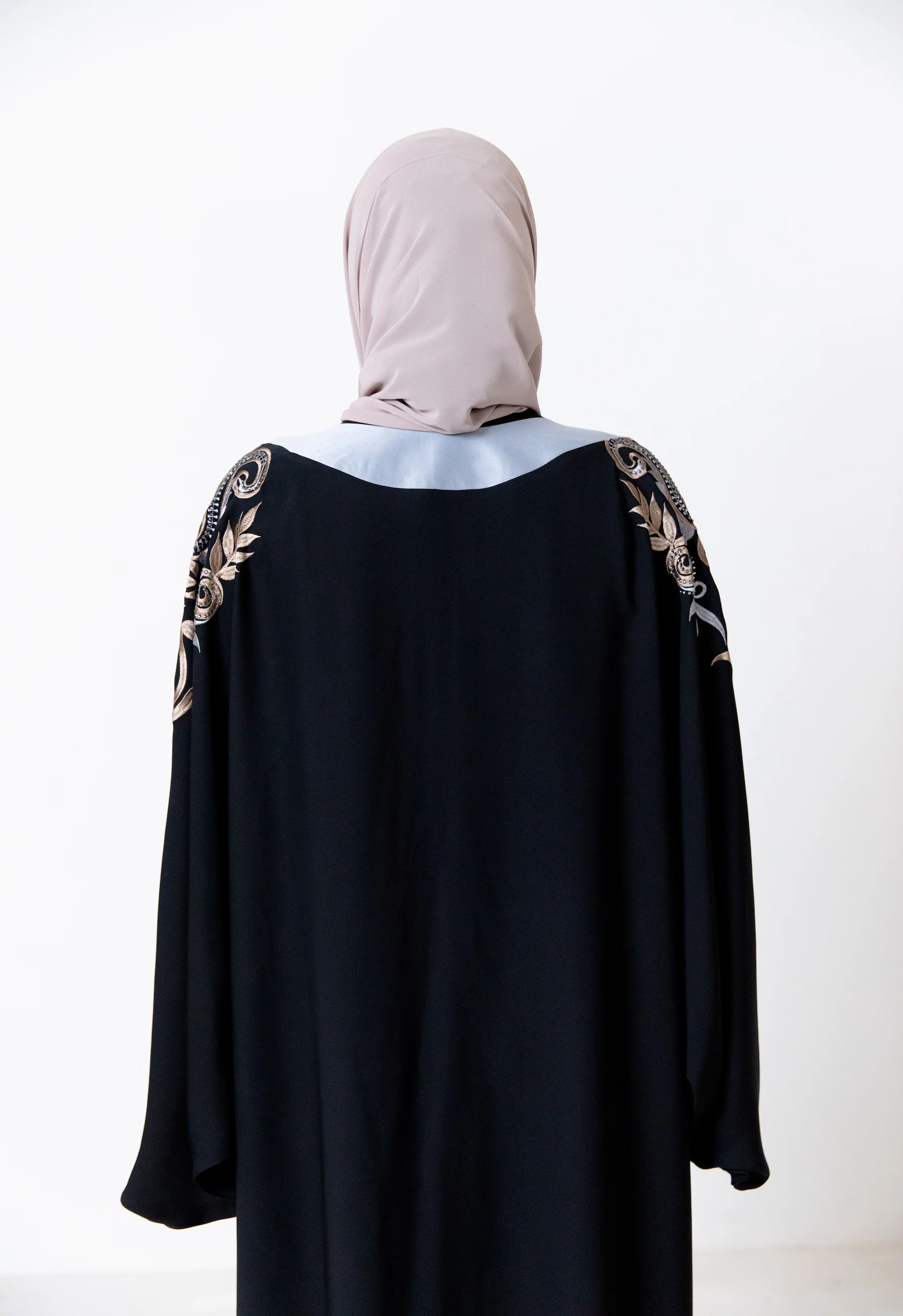 Black Closed Abaya – Luxurious Batwing Design with Blue Leaf Embroidery and Diamanté Detailing - Image 6