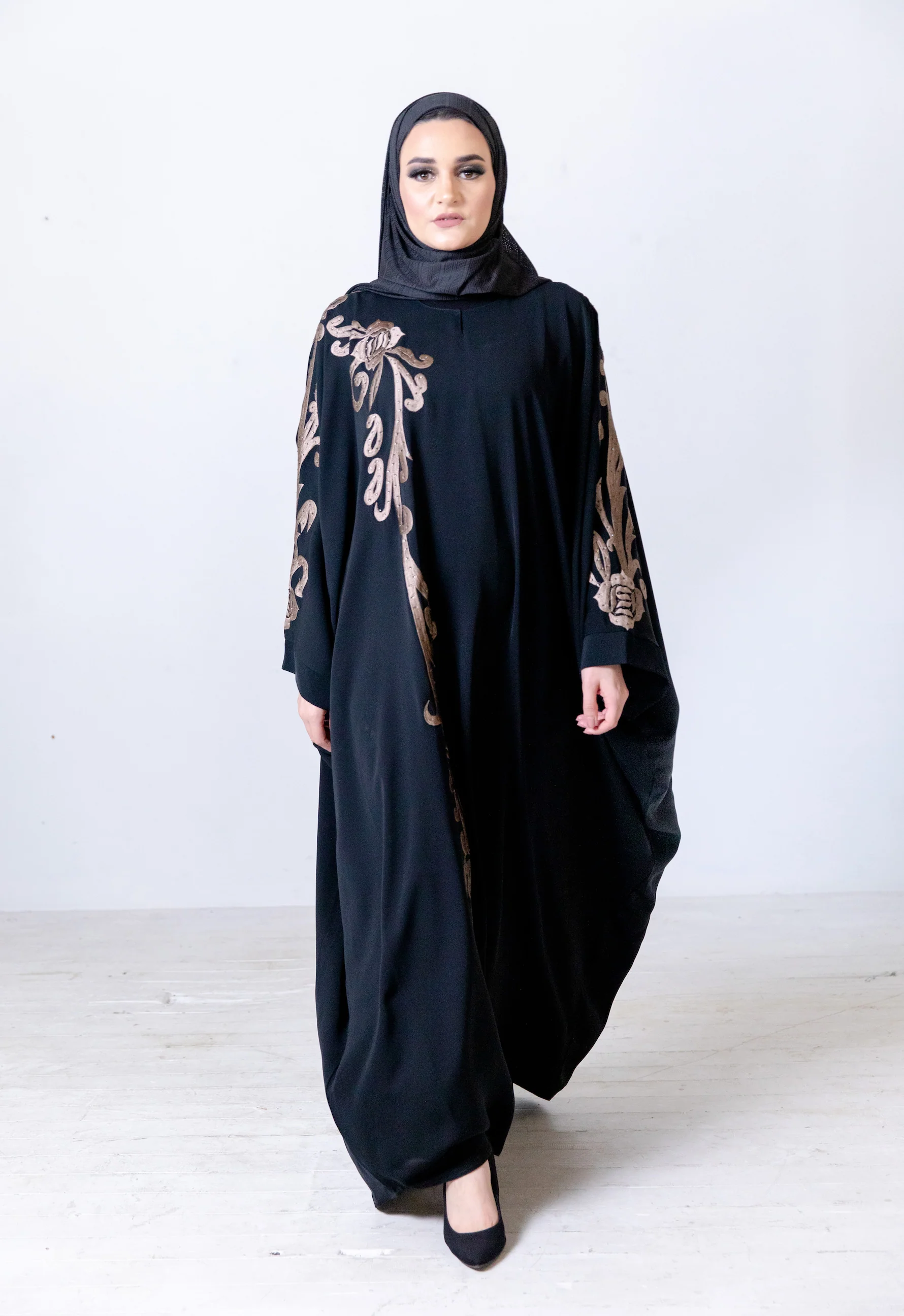 Black Closed Abaya – Luxurious Batwing Design with Gold Front and Sleeve Embroidery - Image 3