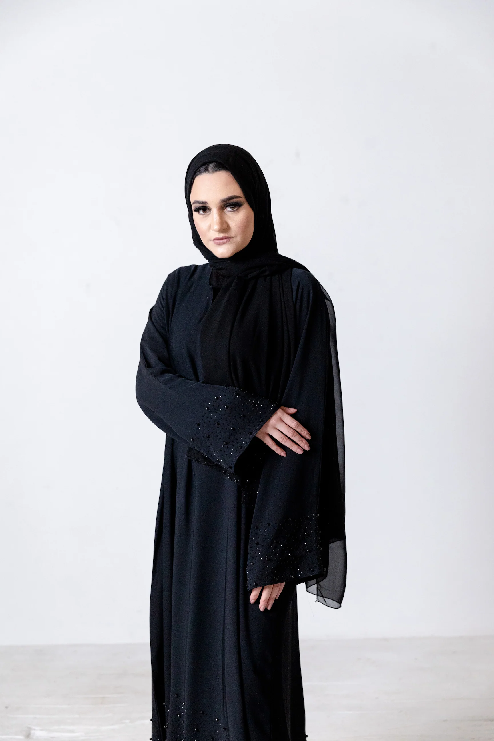 Black Closed Abaya – Plain Design with Black Pearls & Diamante Detailing - Image 5