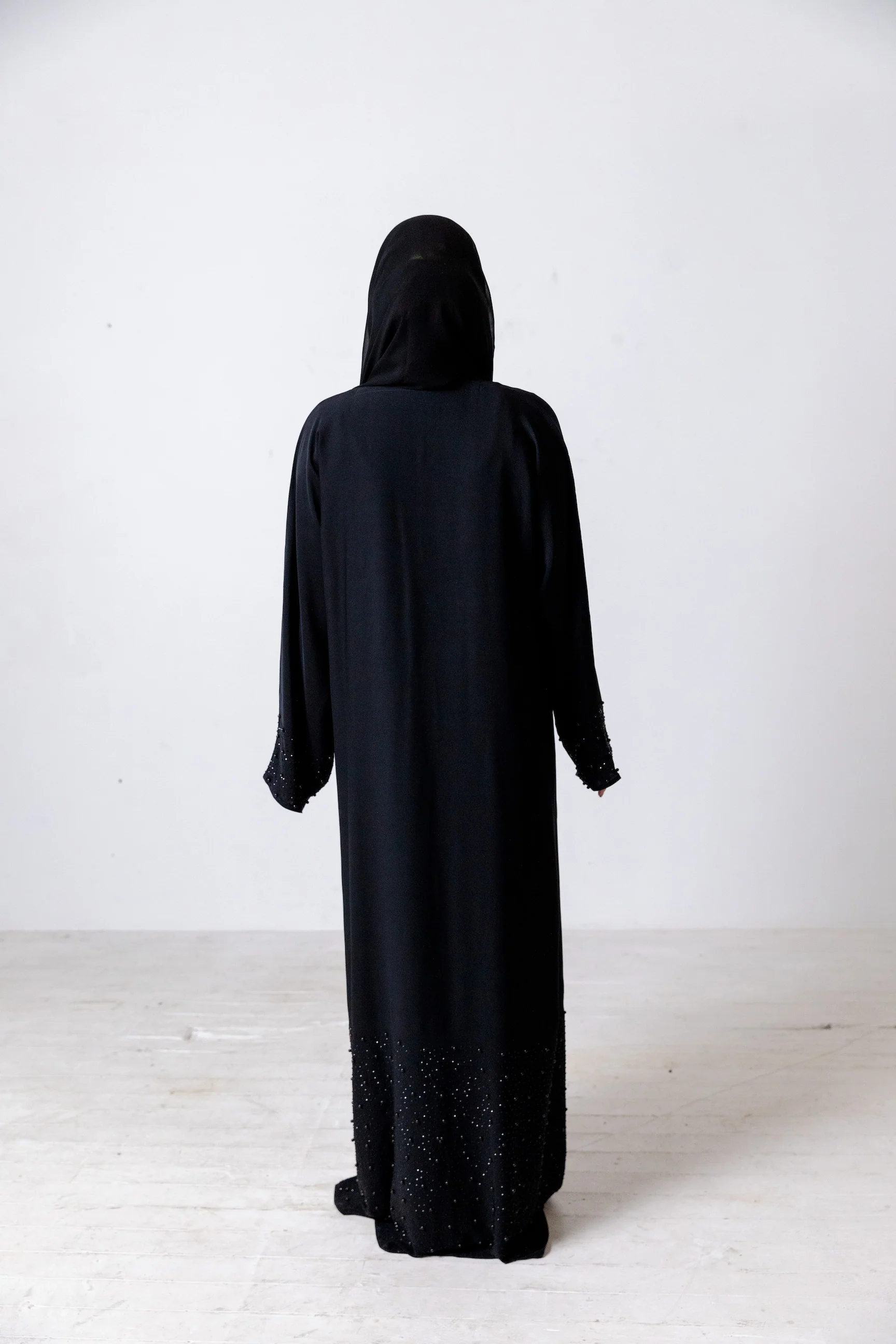 Black Closed Abaya – Plain Design with Black Pearls & Diamante Detailing - Image 6