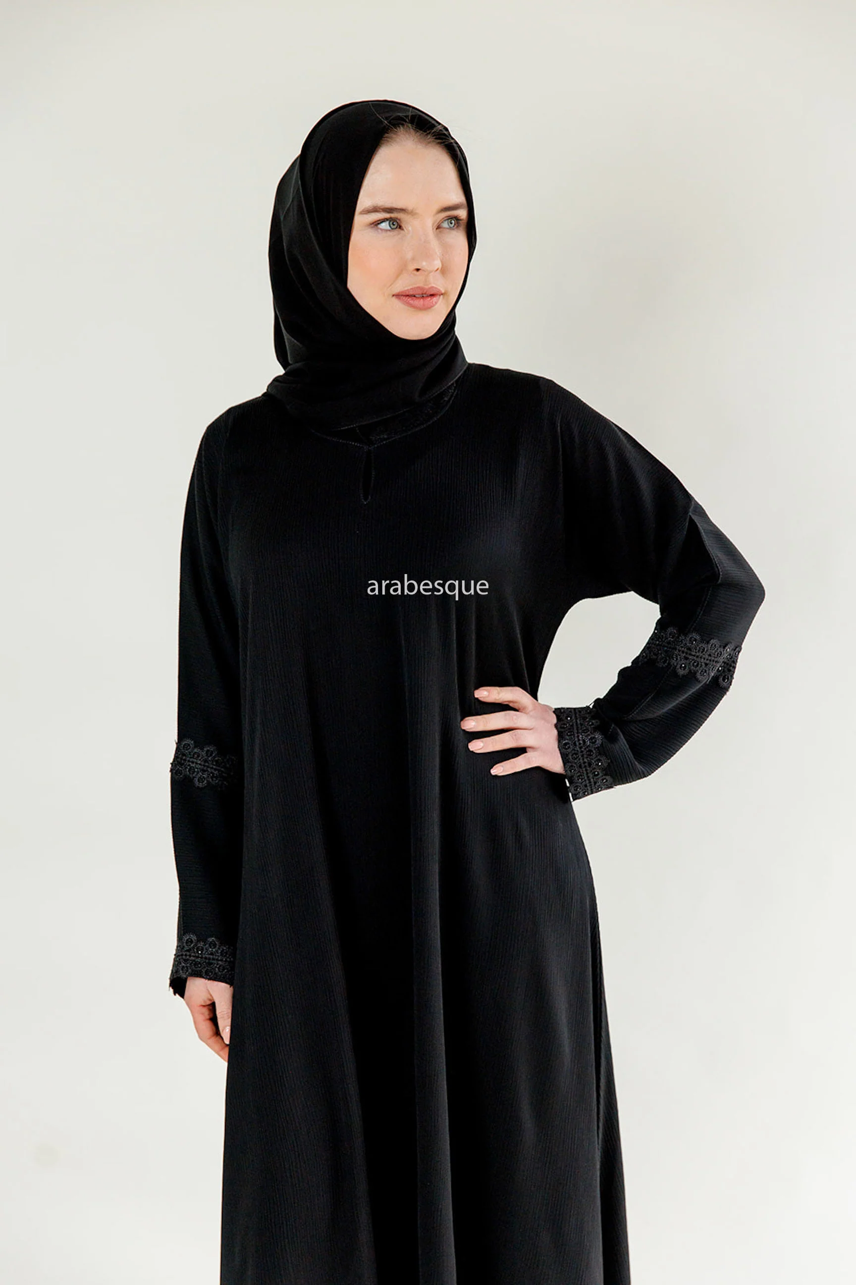 Black Closed Abaya – Textured Umbrella Cut Design with Lace Detail - Image 2