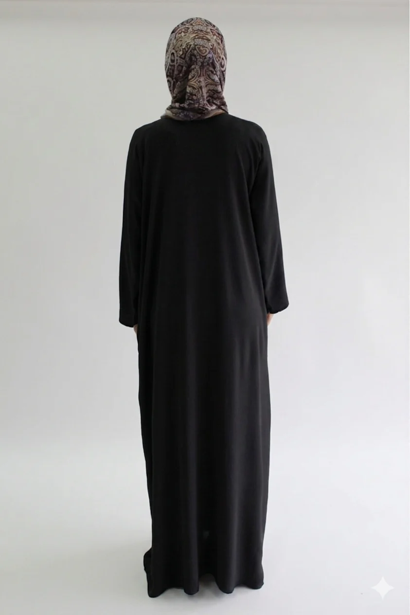 Black Closed Abaya - Crushed Polyester with Pocket - Image 3