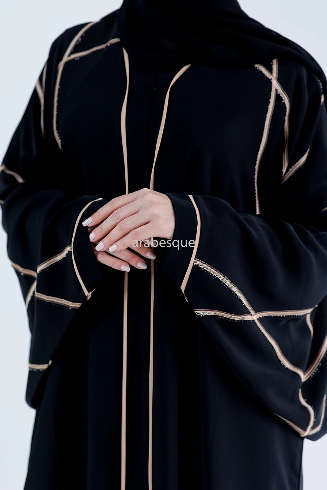 Black Farasha Abaya – Open Design with Light Gold Embroidered & Diamanté Detailing - Image 2