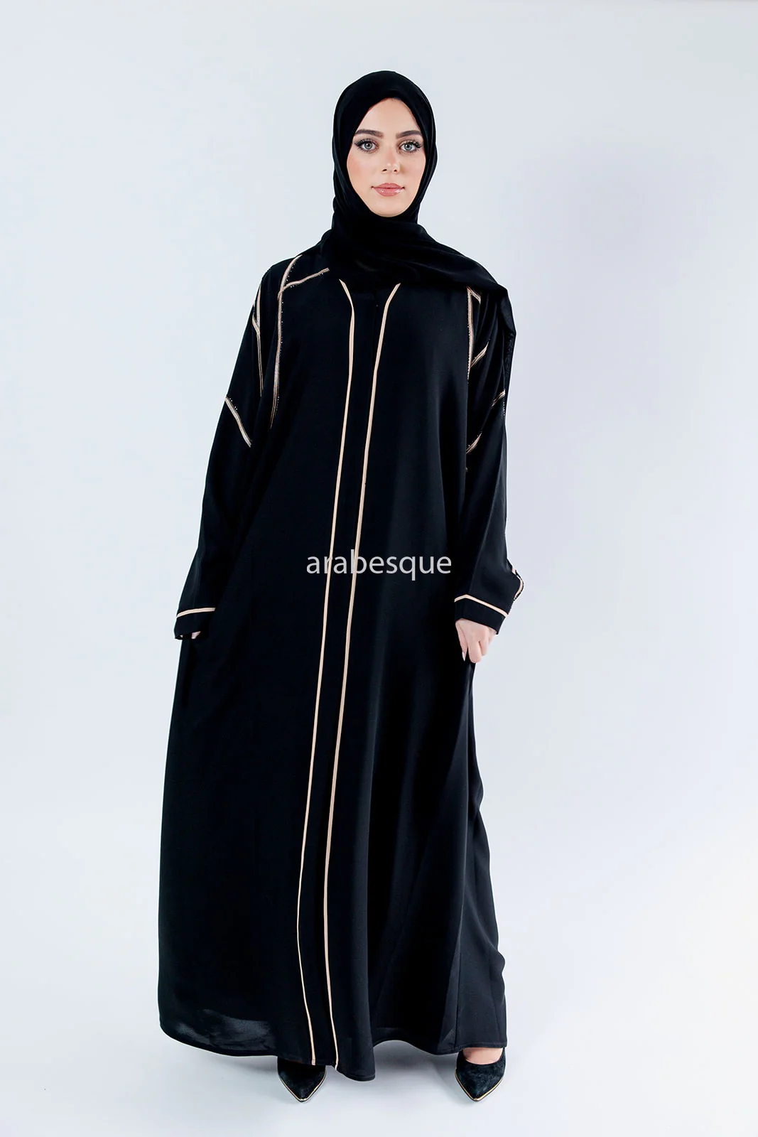 Black Farasha Abaya – Open Design with Light Gold Embroidered & Diamanté Detailing - Image 3