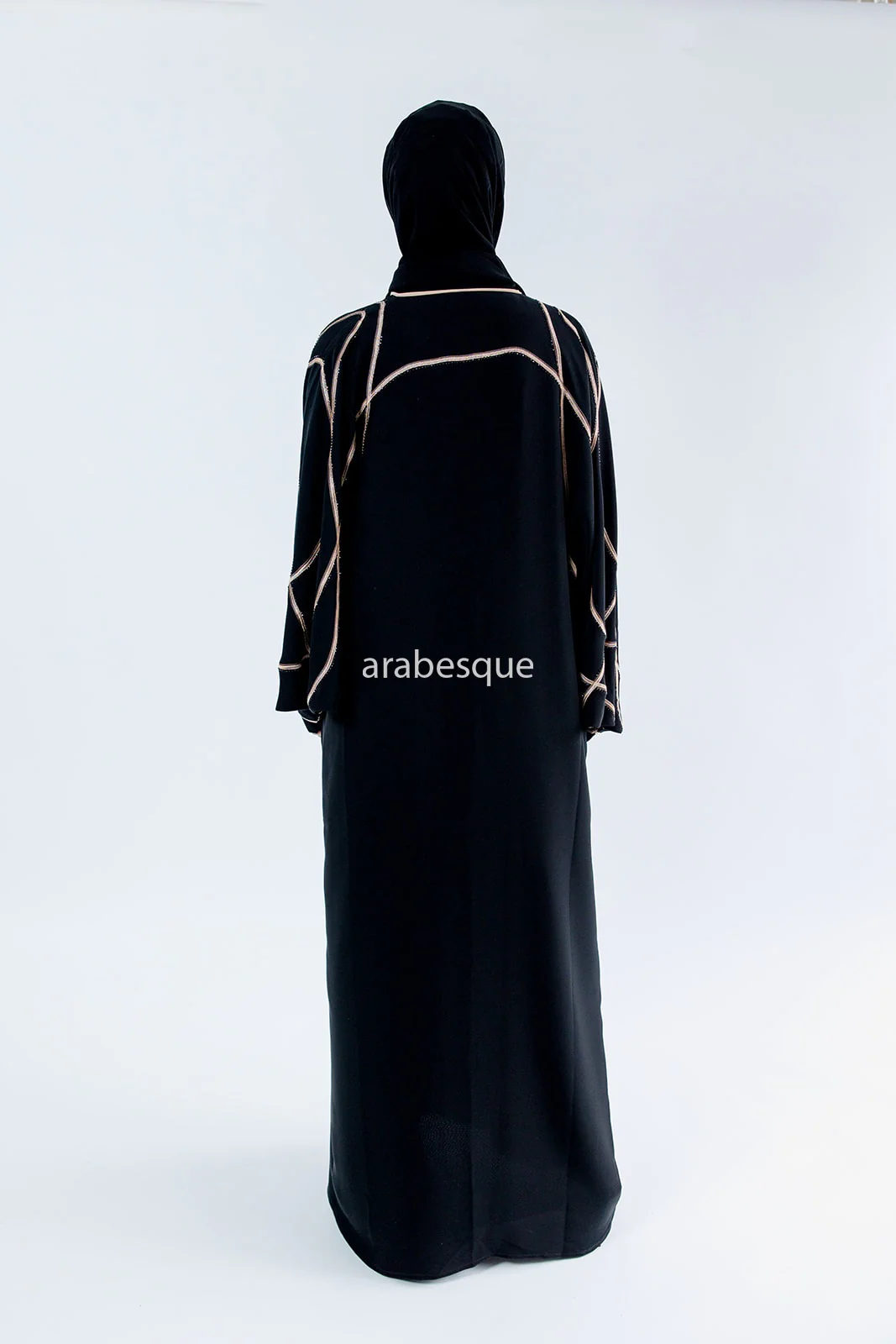 Black Farasha Abaya – Open Design with Light Gold Embroidered & Diamanté Detailing - Image 4