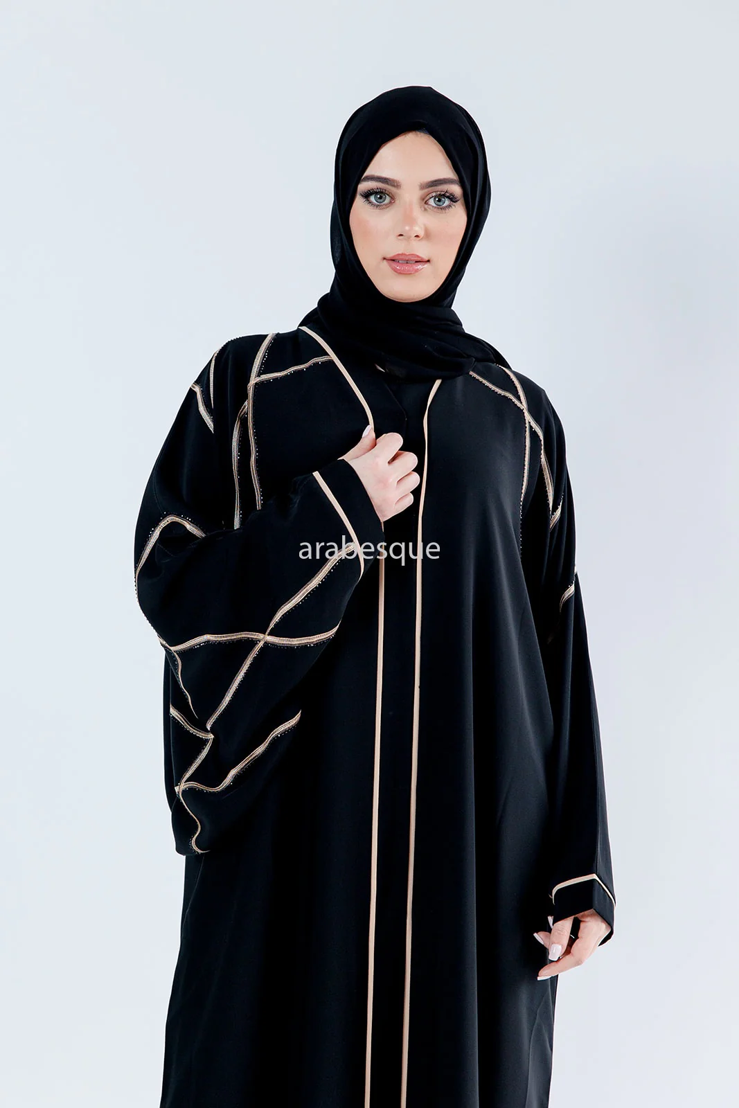 Black Farasha Abaya – Open Design with Light Gold Embroidered & Diamanté Detailing - Image 5