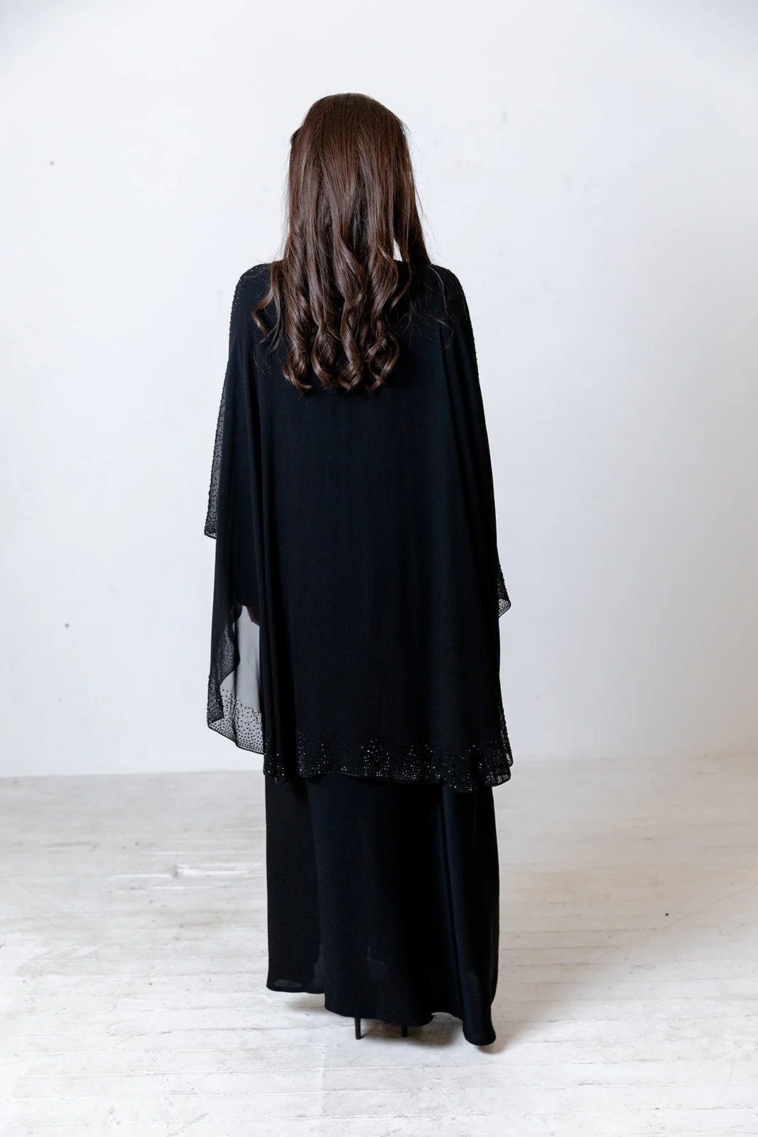 Black Closed Cape Abaya – Luxury Chiffon Design with Black Stonework - Image 4