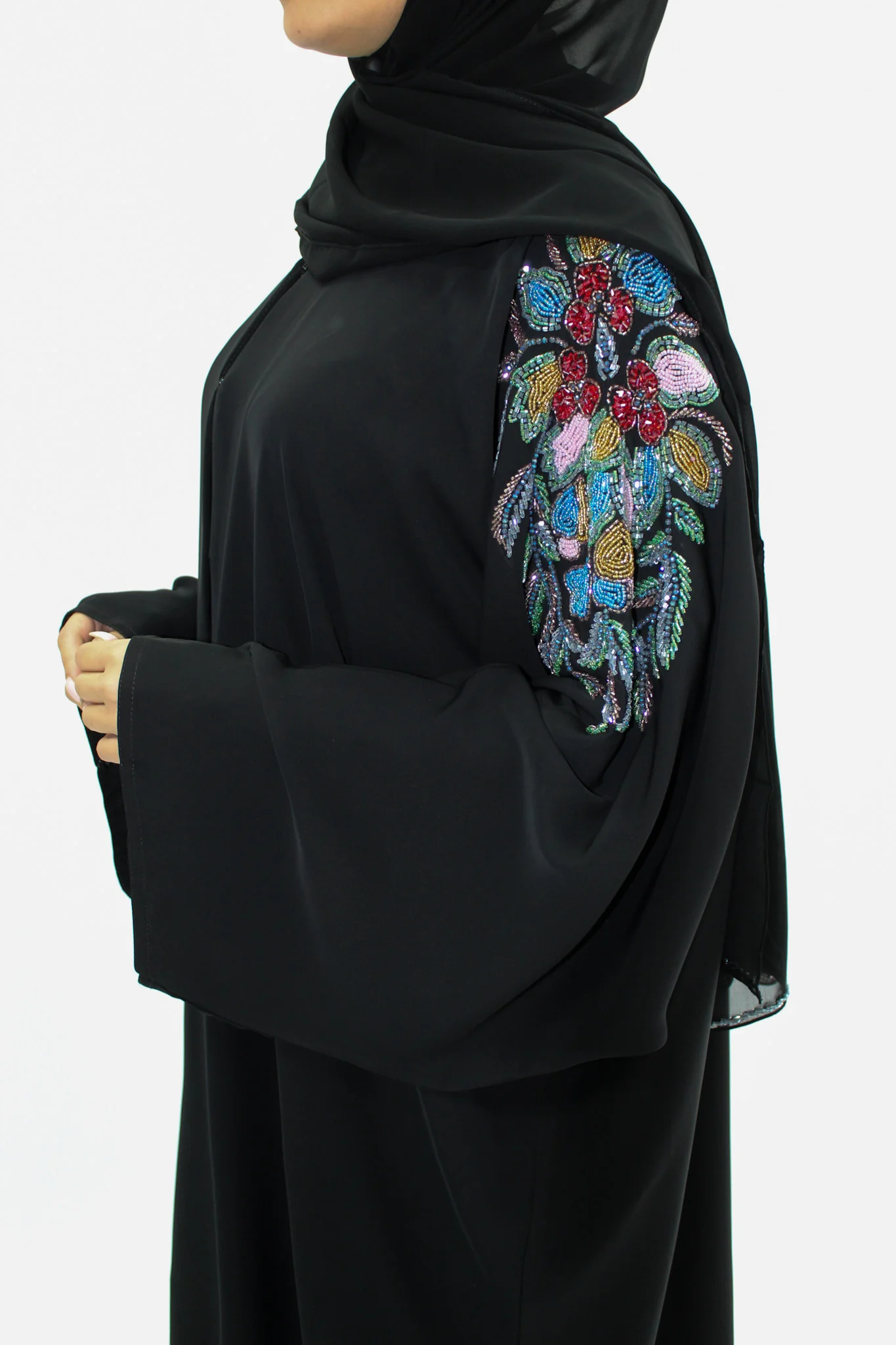 Black Open Abaya - Luxury Floral Beaded Design - Image 3
