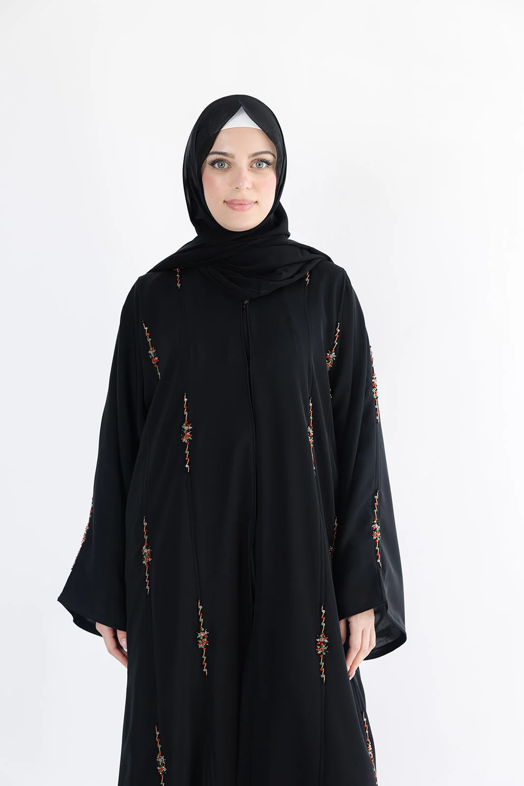 Black Open Abaya – Luxurious Multicolour Beaded Detailing - Image 3