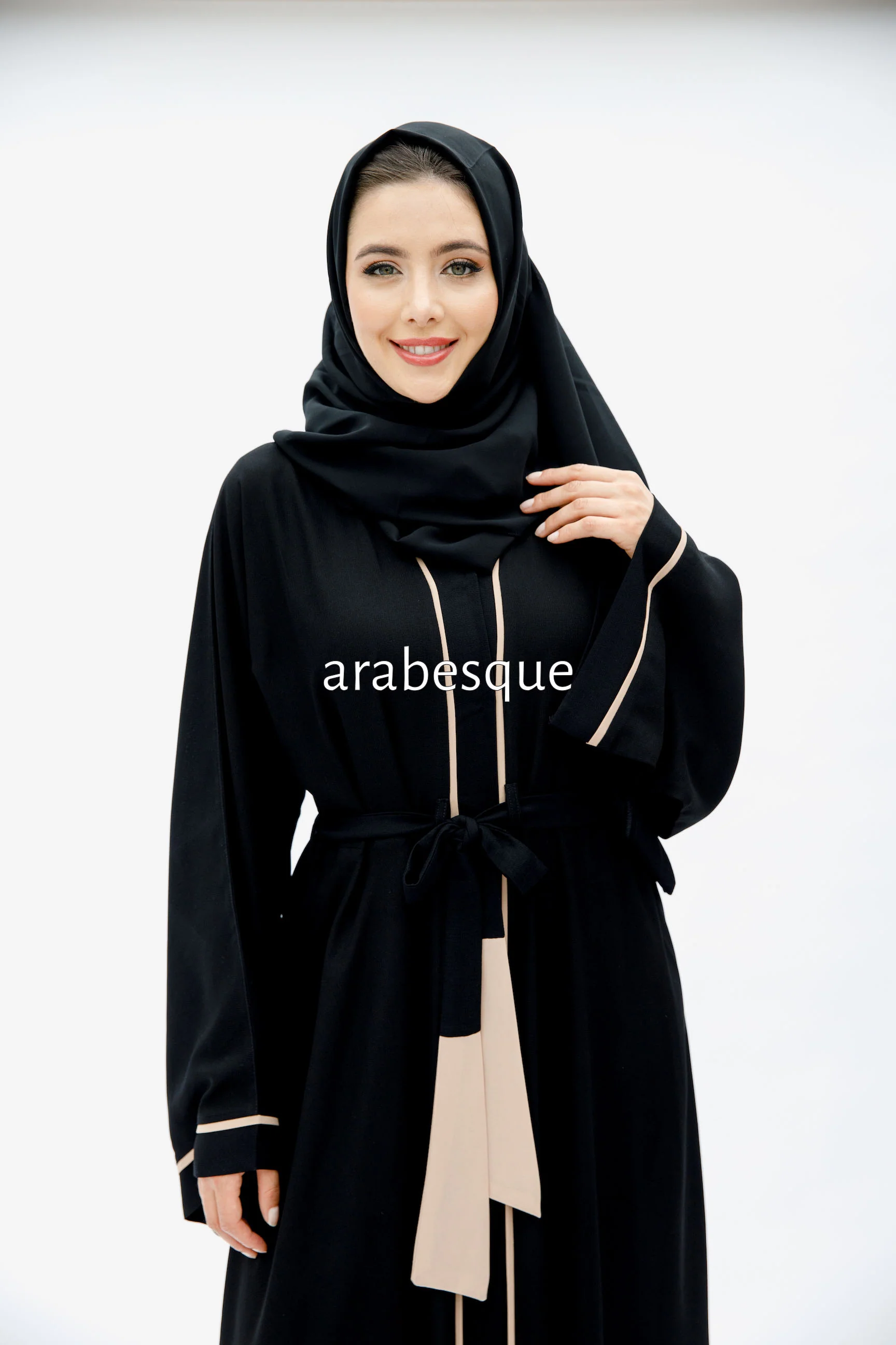 Black Open Abaya – Luxe Piping Umbrella Cut Design with Belt - Image 3