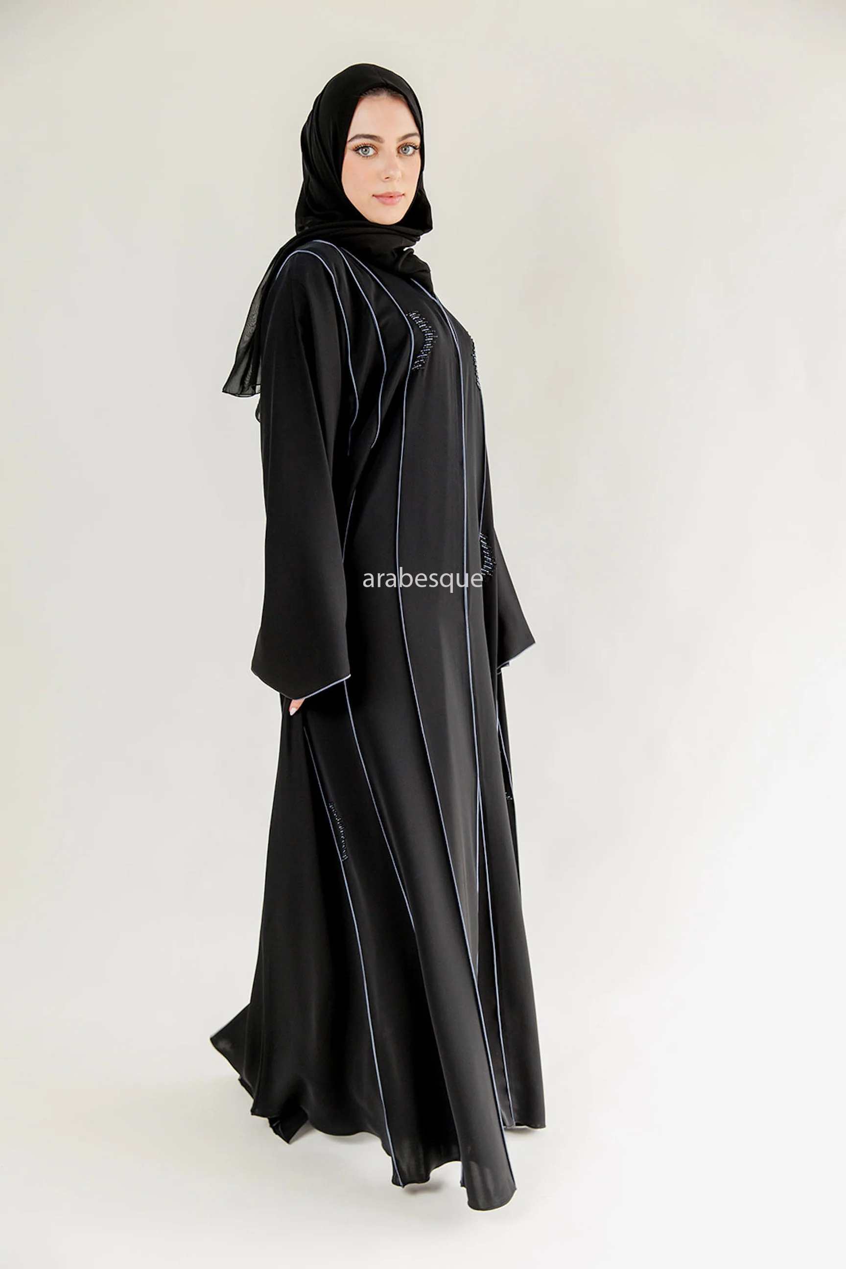 Black Open Abaya – Luxury Blue Beaded Umbrella Design with Striped Detailing