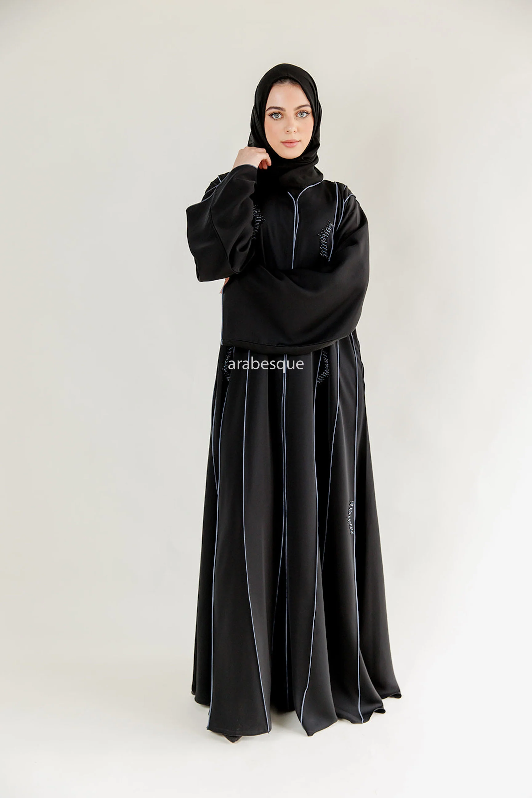 Black Open Abaya – Luxury Blue Beaded Umbrella Design with Striped Detailing - Image 2