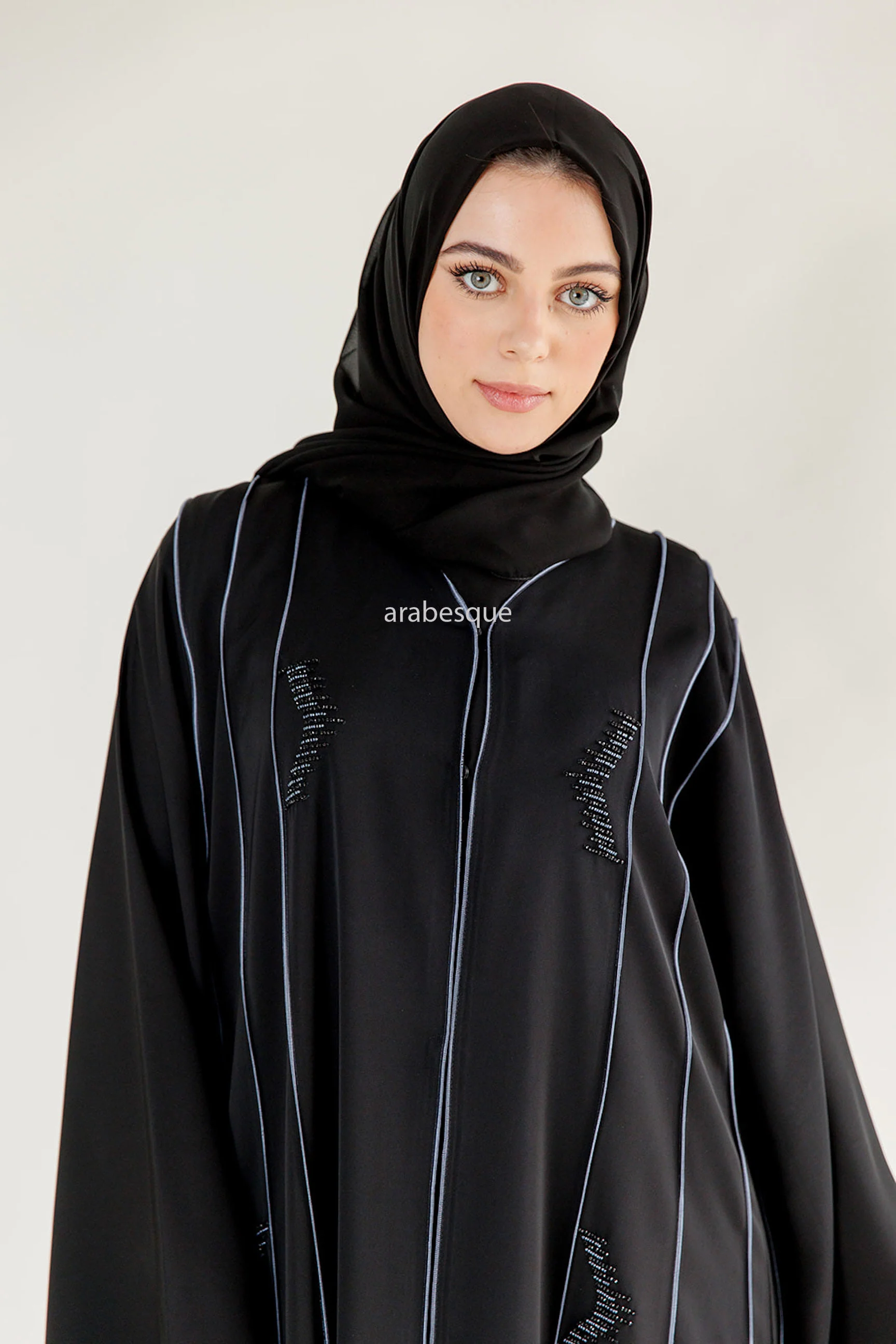 Black Open Abaya – Luxury Blue Beaded Umbrella Design with Striped Detailing - Image 3