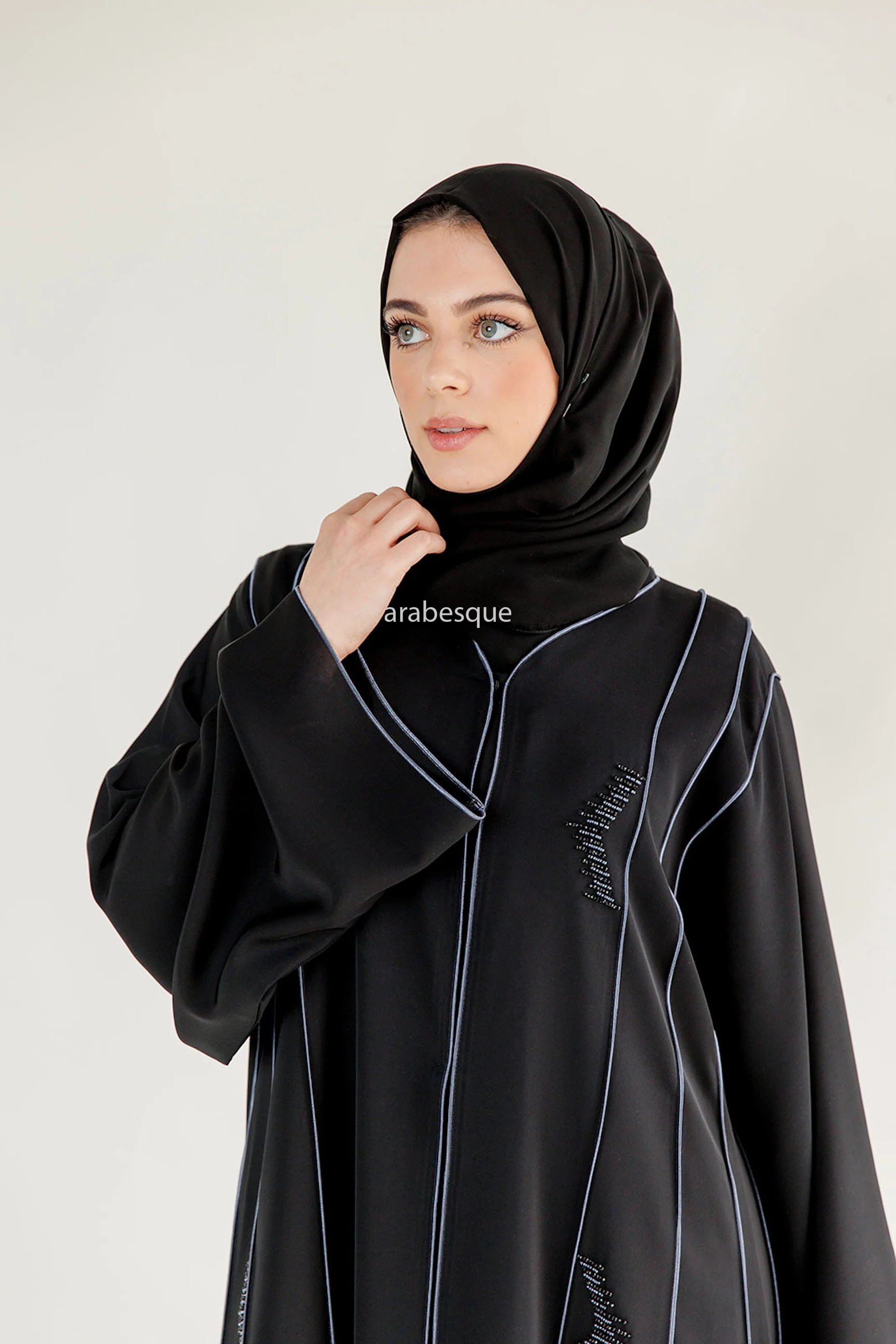 Black Open Abaya – Luxury Blue Beaded Umbrella Design with Striped Detailing - Image 4